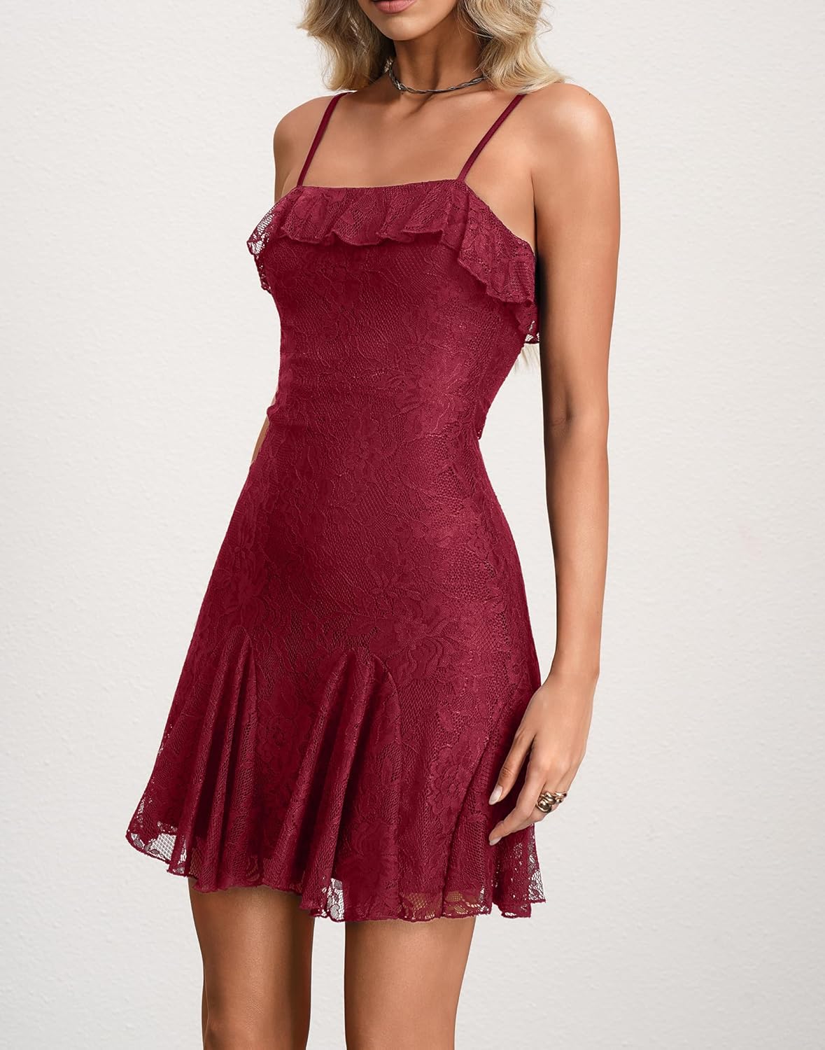 HYPERFIRE Women's Summer Sleeveless Mini Dress, Lace Ruffle Flowy Short Dress for Birthday Party Club