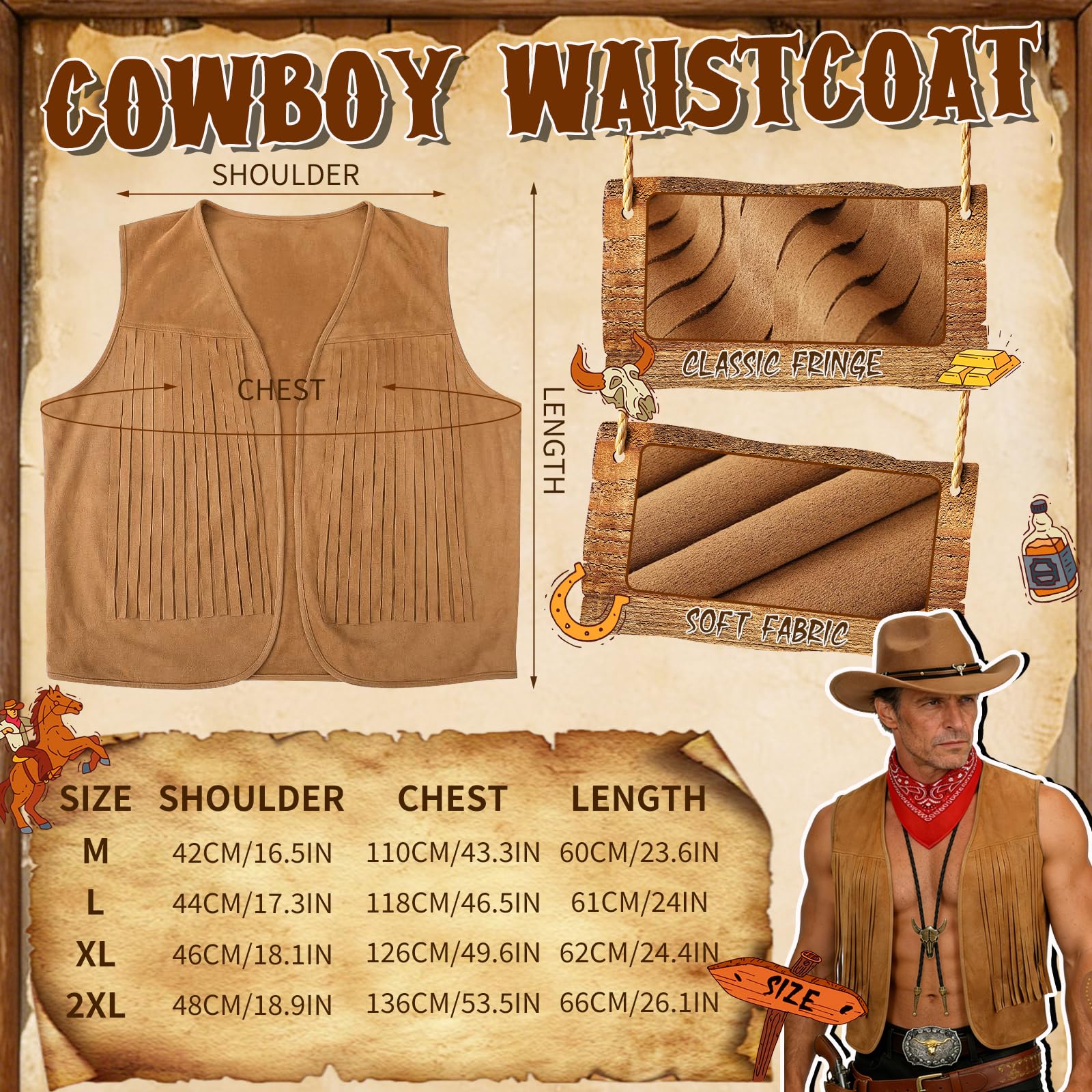5-częściowy zestaw kostiumu kowbojskiego westernu, kostium kowbojski, fantazyjna sukienka z kamizelką, kapelusz z szerokim rondem, bandana, głowa byka, naszyjnik dla dorosłych mężczyzn, karnawał