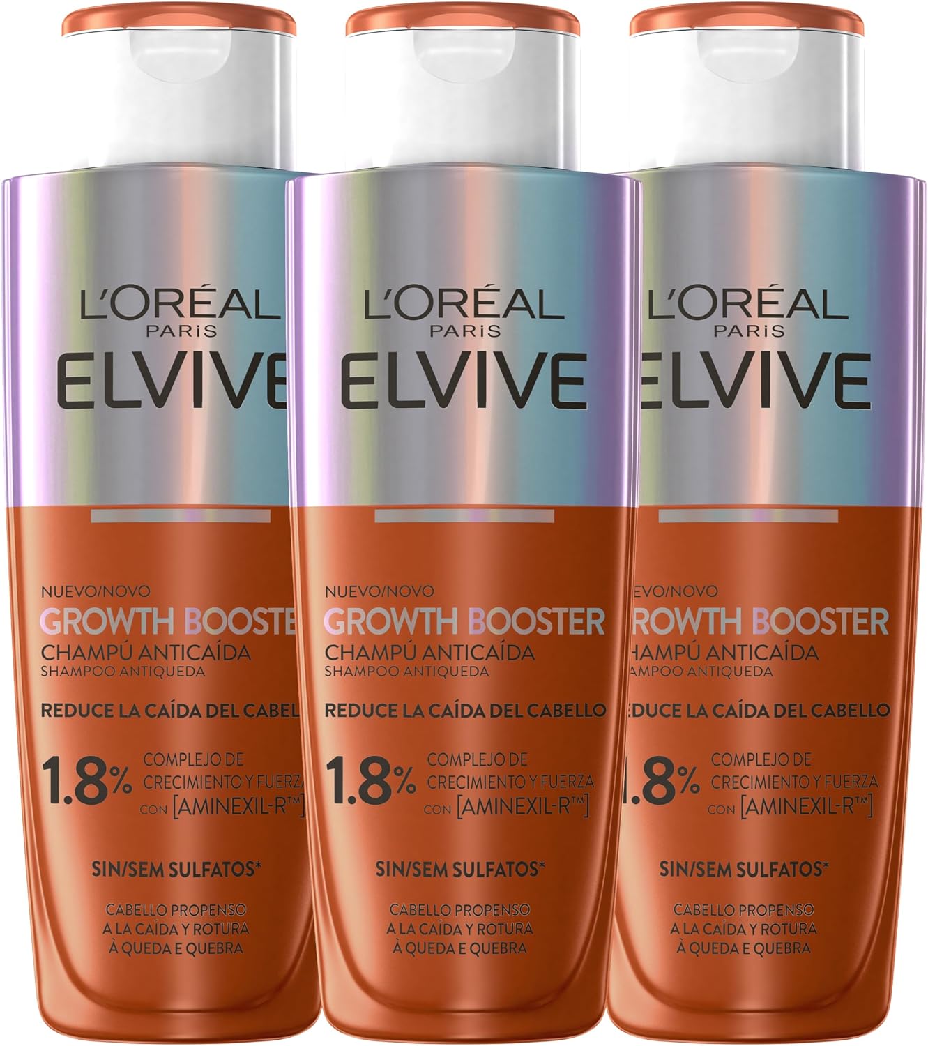 L’Oréal Paris Elvive Growth Booster Pack 3x Champú Anticaída 200ml Sin Sulfatos* (*sin tensioactivos sulfatados)