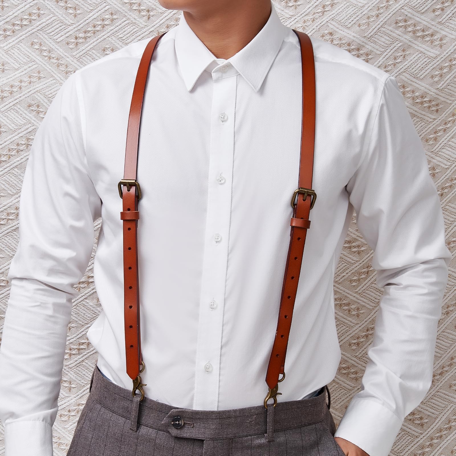 AGDHERSNVX Genuine Leather Suspenders for Men Y Back Shape Adjustable Mens Suspenders for Jeans Wedding Groomsmen Brown Large