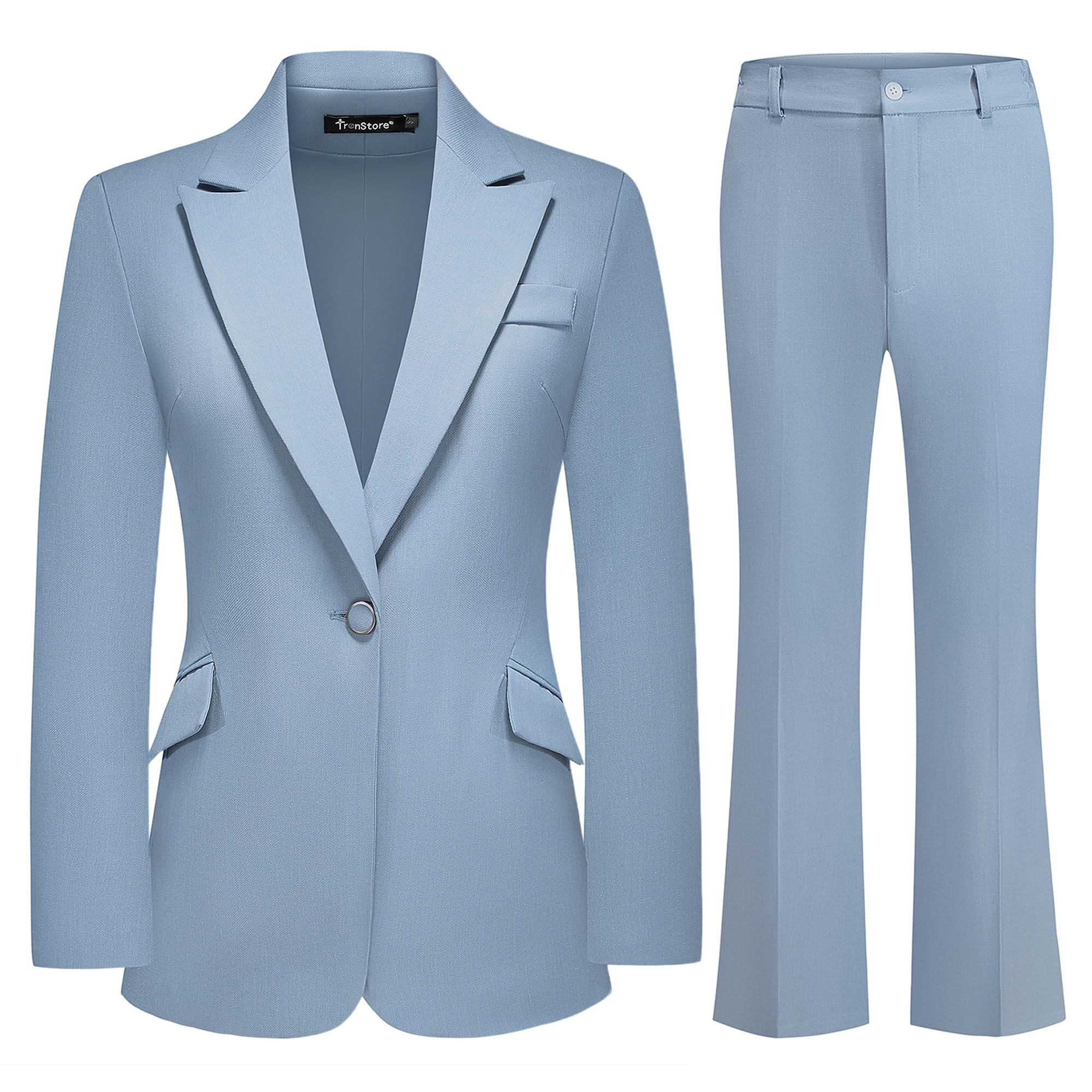 Photo 1 of TRONSTORE Women's Suit 2 Piece Set Pinstripe Blazer and Bootcut Dressy Pants Set for Work Office Business Outfits-Sky Blue M