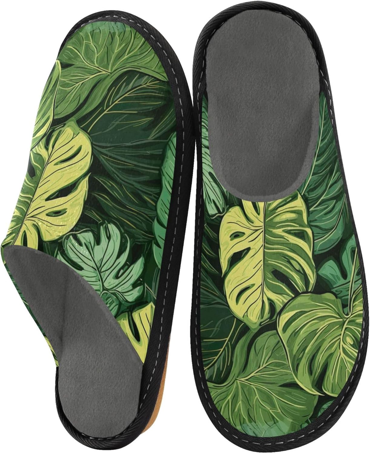 Tropical Leaves House Slippers – Cozy Fuzzy Slippers for Guests, Washable & Disposable, Perfect for Shoeless Home, Spa & Hotel Use A111160