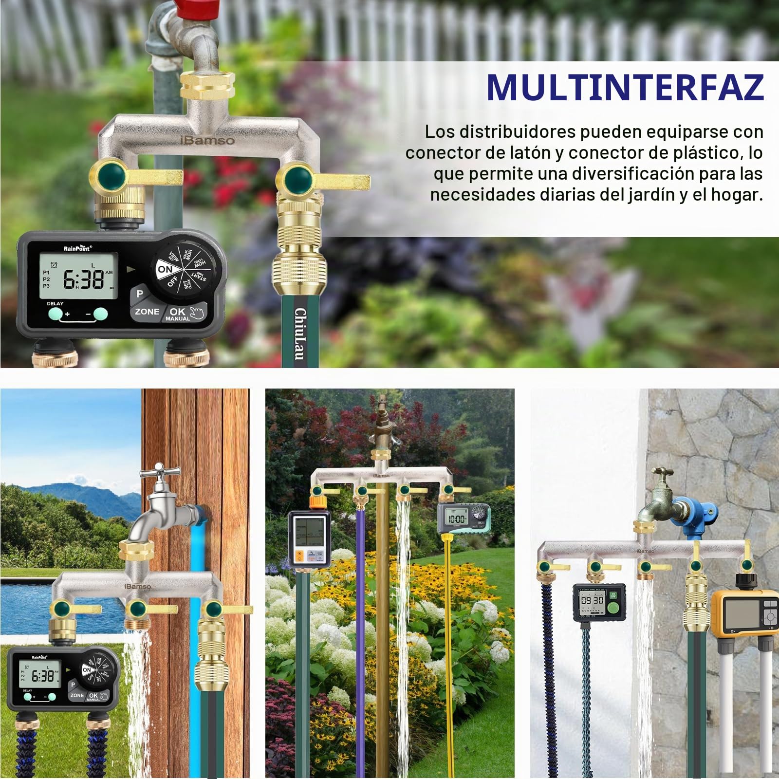 Divisor de manguera de jardín, divisor de grifo de 4 vías, adaptador de manguera divisor de grifo de latón resistente de 3/4 pulgadas, conector de grifo de mango de metal extendido con válvulas