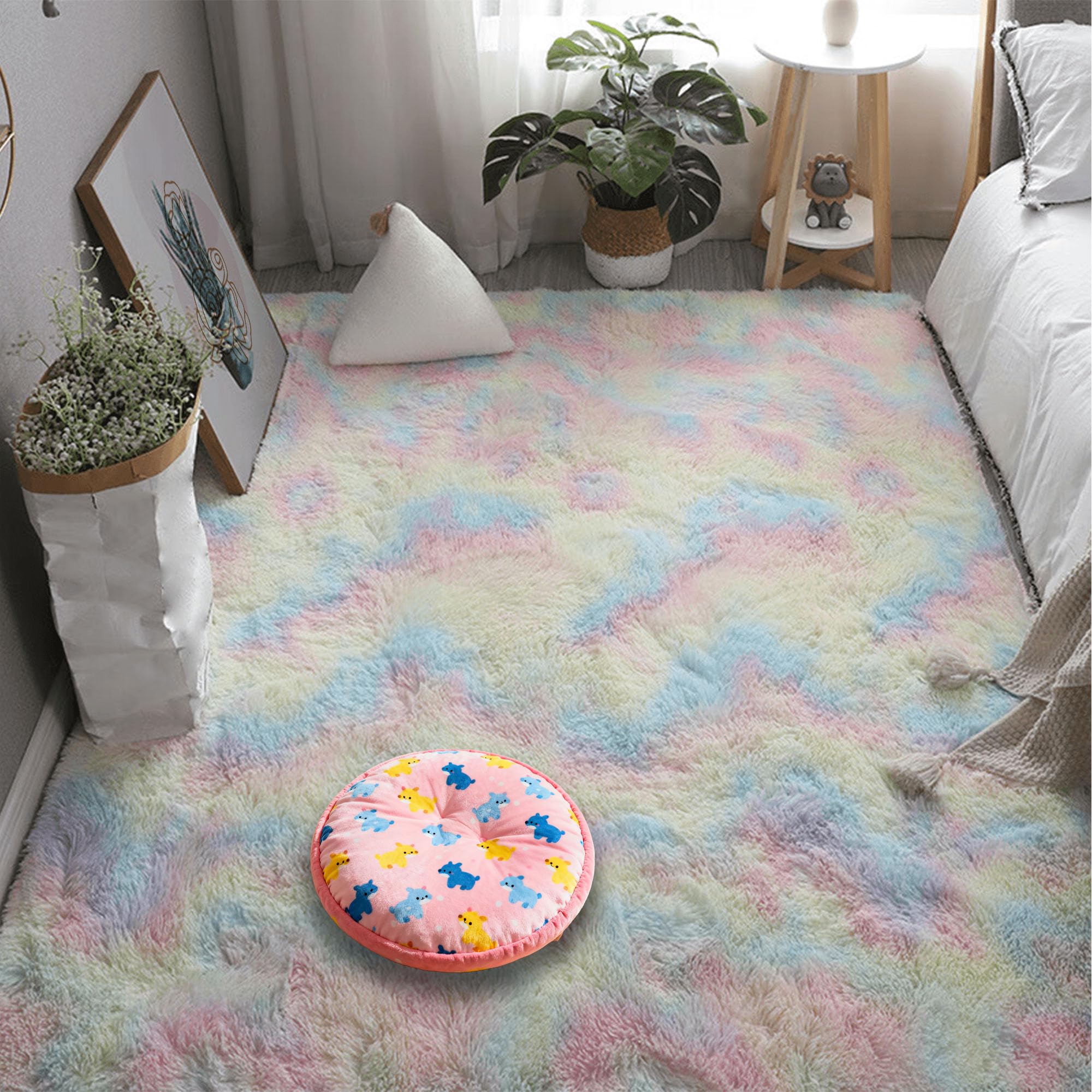 Tapis de salon moelleux 200x400 cm multicolore à poils longs antidérapant