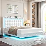 Keyluv Upholstered Queen Floating Bed Frame with LED Lights and Charging Station, Pu Leather Platform Bed with Button Tufted Storage Headboard, Type-C & USB Charging Ports, No Box Spring Needed, White