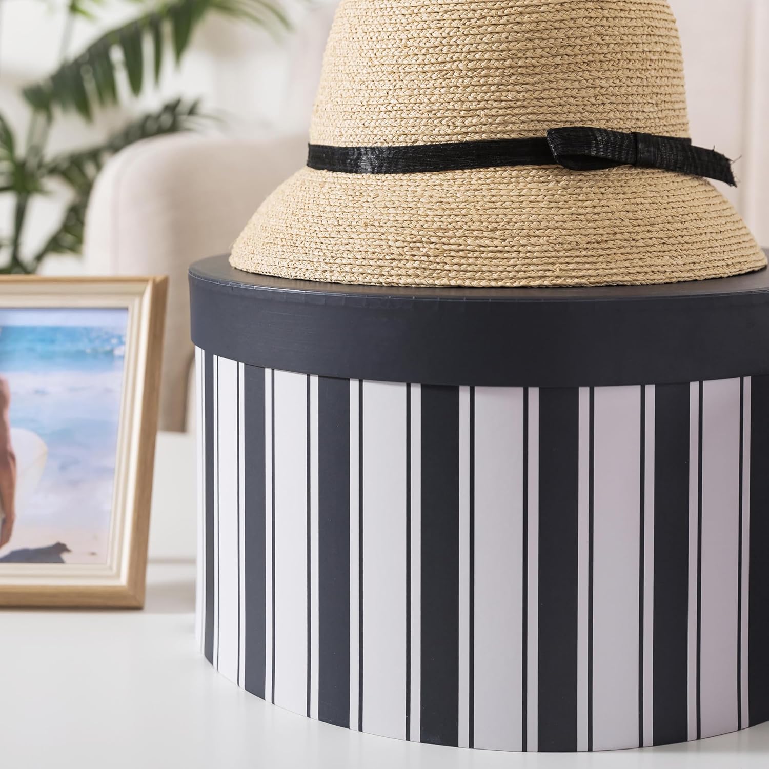 Soul & Lane Cardboard Hat Boxes with Lids – Set of 3, Round Storage Boxes for Hats, Photo Keepsakes & Gifts, Sturdy Paperboard Organizer for Home Décor, Navy Heritage Stripe