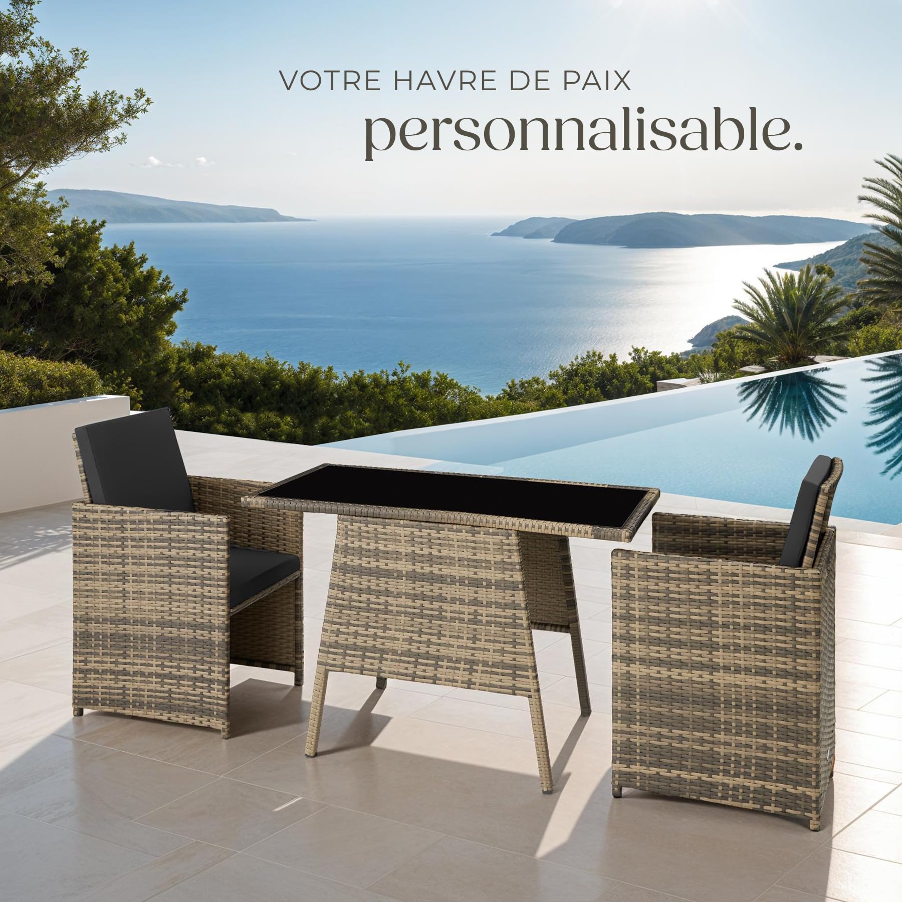 tectake® Ensemble Salon de Jardin encastrable en Poly Rotin 2 Personnes Ensemble Fauteuil Salon et Table de Jardin, Coussins Inclus, Mobilier de Jardin pour Amenagement Balcon Terrasse