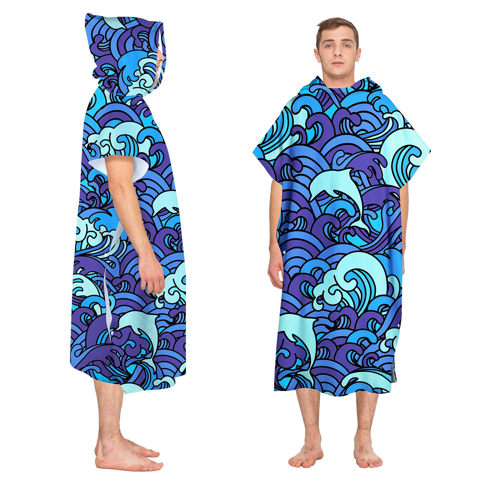 Surf Poncho con Cappuccio Asciugamano Microfibra,Adulto Cambiarsi Accappatoio 90x105cm,Telo da Bagno Asciugatura Rapida Assorbente,per Nuoto,Spiaggia e Viaggio(Onde Blu)