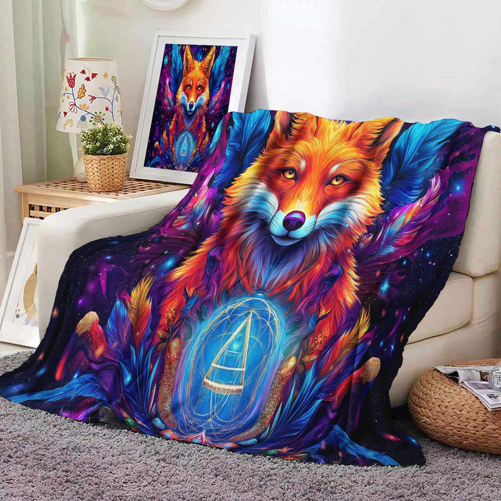 Couverture douce et moelleuse enfant motif renard art psychédélique