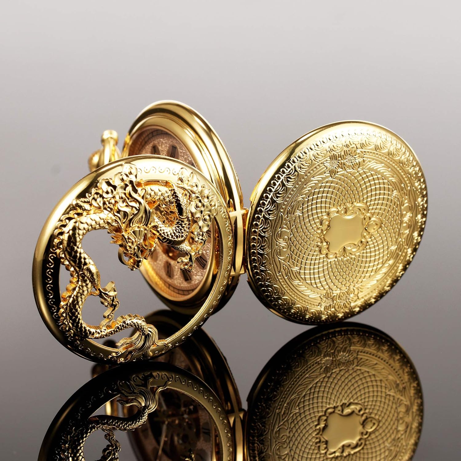 TREEWETO Mens Antique Skeleton Mechanical Golden Pocket Watch Dragon Hollow Hunter with Chain and Box
