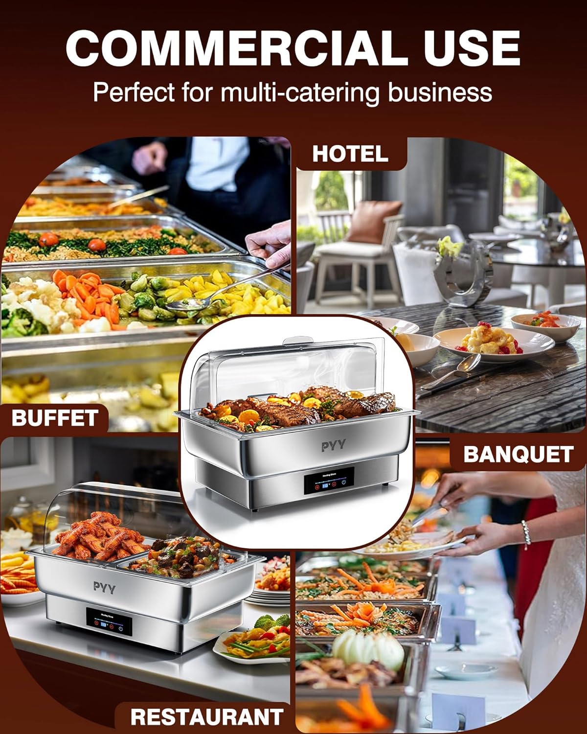 PYY Electric Chafing Dish for Buffet - Stainless Steel Electric Buffet Servers and Warmers, Max. 185F Temp Control, Electric Food Warmers for Parties Buffet Catering, 400W, Silver