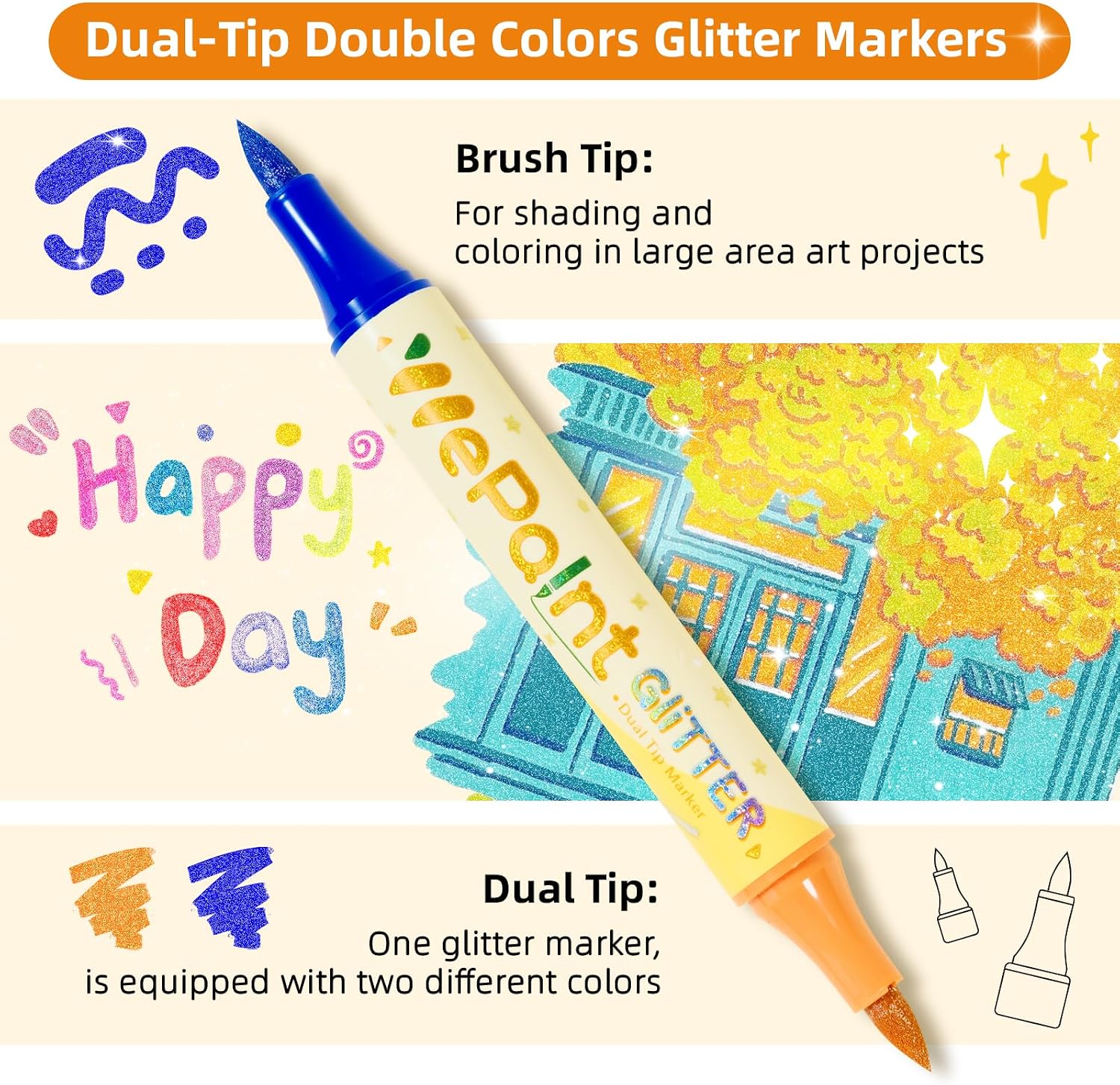 WePaint 24 Colors Glitter Brush Marker Pens, Glitter Pens Set 12 Pack Sparkle Pens Metallic Marker for Adults DIY Crafts, Writing, Card Making, Scrapbooking, Coloring Books, Art Supplies