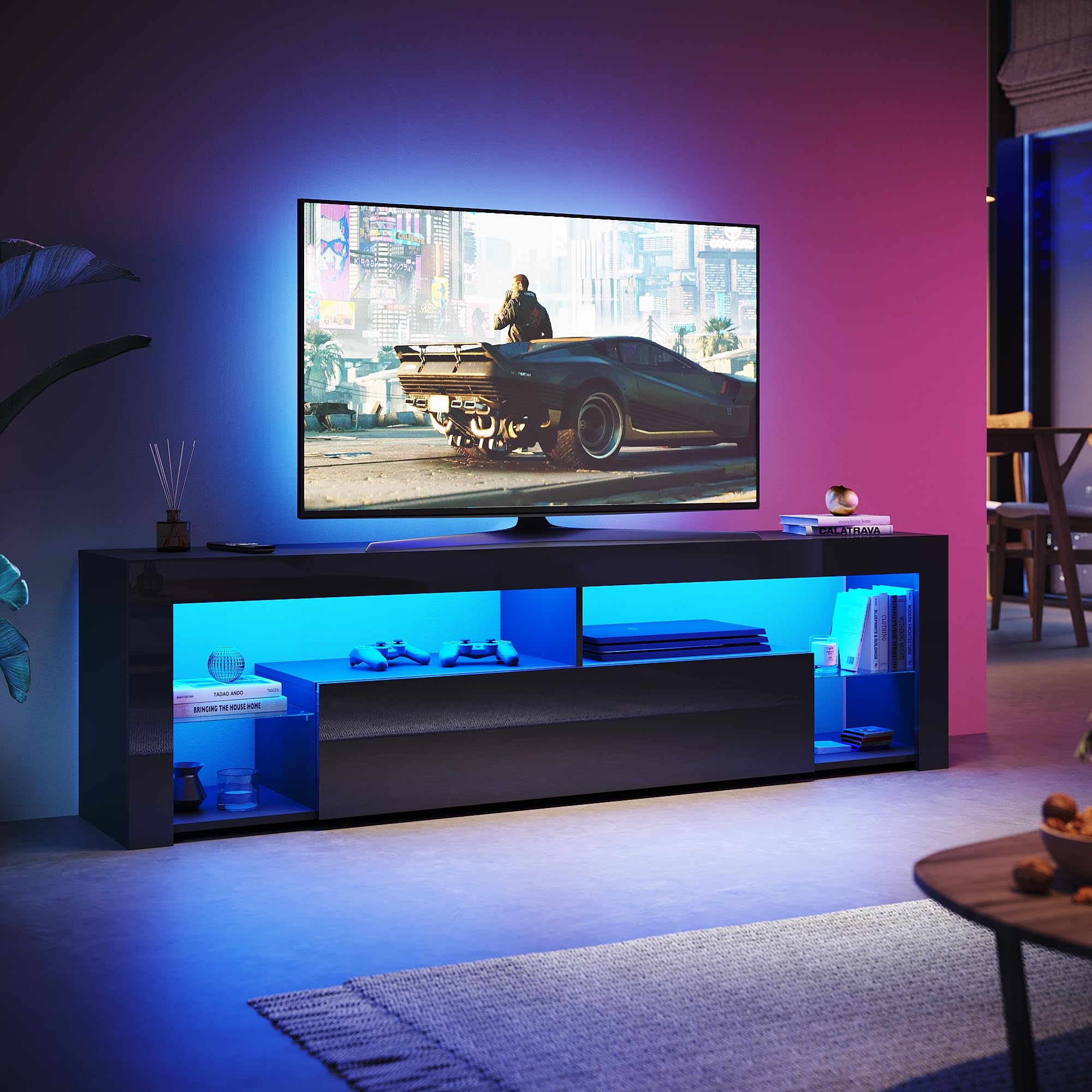 LED TV Lowboard Schwarz, TV Schrank 180cm mit 16 Led Farben Beleuchtung TV Board mit Glasböden Hochglanz 180 x 35 x 50,5 cm