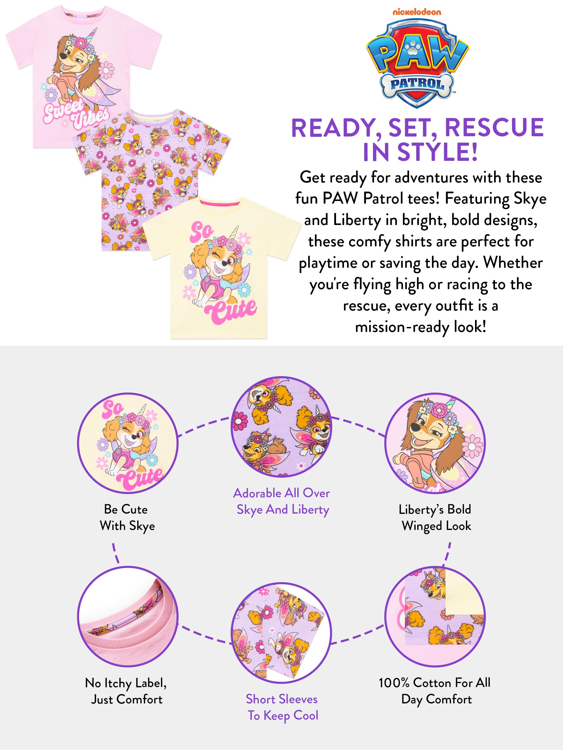 Paw Patrol Tshirt Bambino Confezione da 3, T Shirt Ragazza Skye Y Liberty, Magliette Bambina