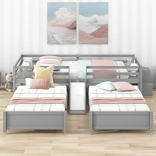 Miniatura 3 de Hlcodca Delicada cama matrimonial sobre cama individual y individual con tobogán integrado pequeña escalera de almacenamiento y barandilla de