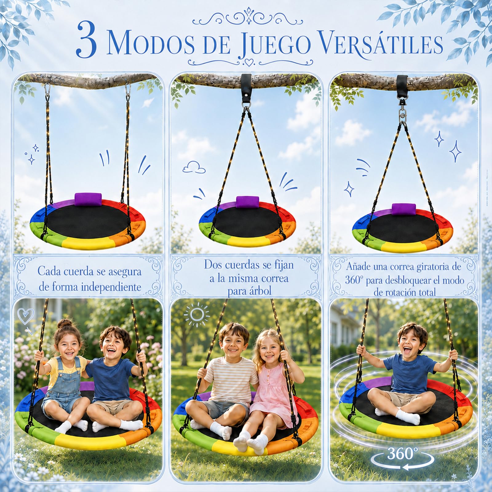 Columpio Tipo Nido Exterior de 100 cm, Columpio de Disco Jardín Capacidad de Carga de hasta 300 kg con Guirnalda de Luces, Giratorio 360° y Kit de Montaje para Niños y Adultos (Rojo)