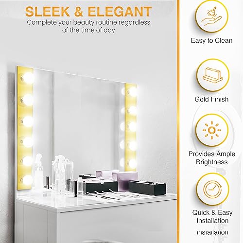 Miniatura 3 de DYSMIO Lighting - Tira de tres luces para tocador de estilo Hollywood con placas doradas, accesorios de calidad de salón para dormitorio, baño,