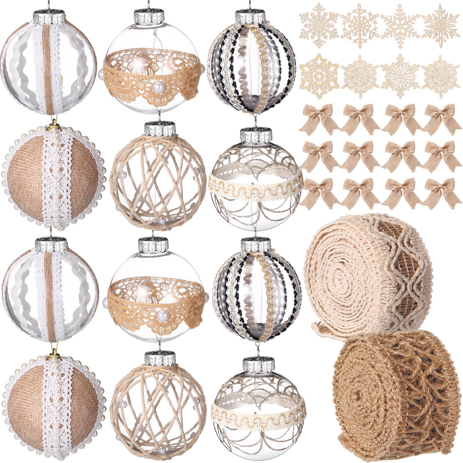 Aoriher 36 Pcs Set de Décorations Suspendues d'arbre de Noël de Ferme, Ornements de Boules de Noël Rustiques Guirlande de Flocons de Neige en Bois Noeuds de Sapin de Noël pour Décor Vintage