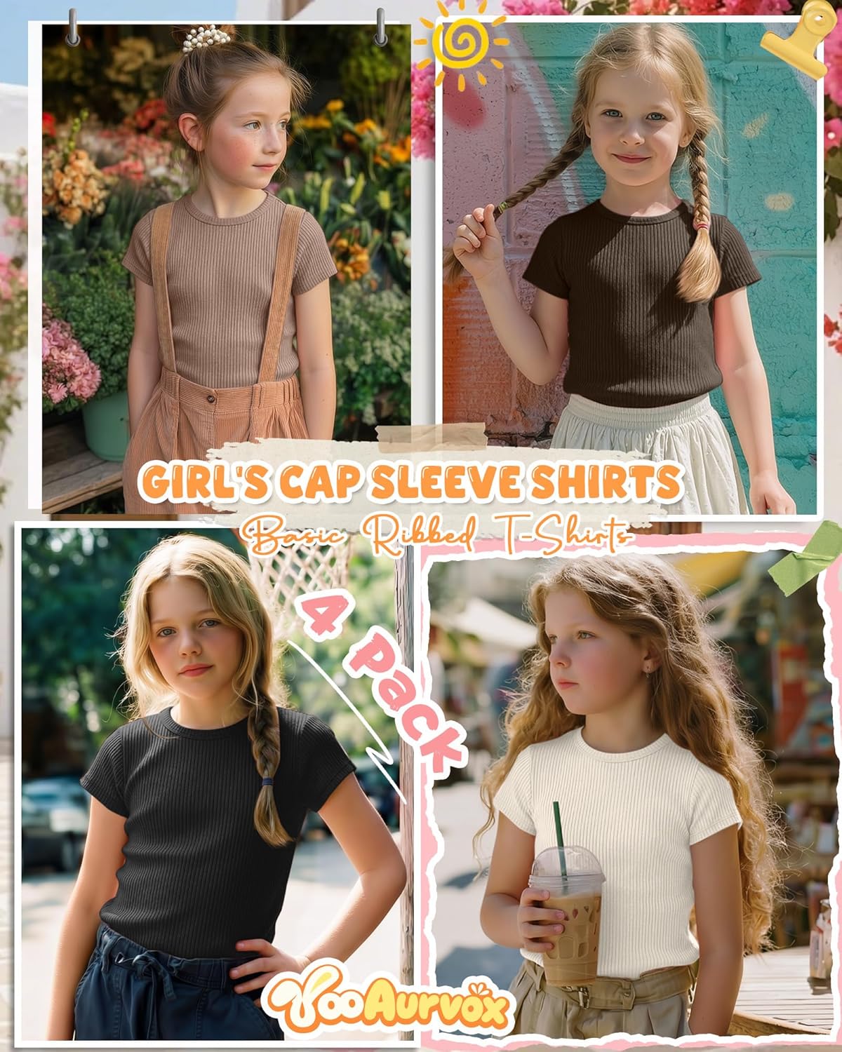 4 Pack Girl's Short Sleeve T-Shirts Ribbed Cap Sleeve Tops Crewneck Slim Fit Cute Blouse Summer Basic Tees 5-14Y