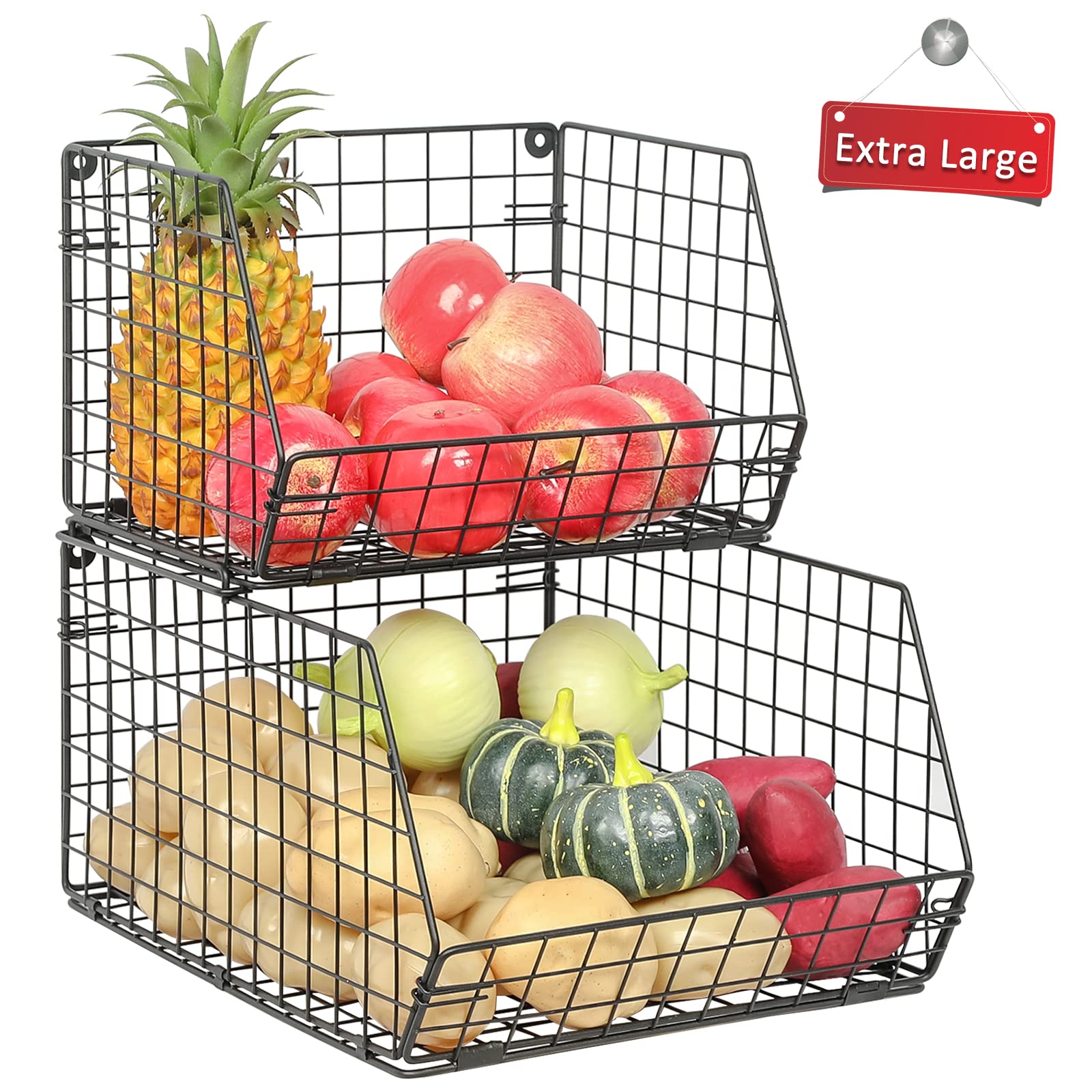 Fruit and Vegetable Basket, 2-Tier Wall-mounted & Countertop Tiered Baskets for Potato Onion Storage, Stackable Wire Storage Baskets for Fruit Veggies Produce Snack Canned Foods, Black,Extra Large