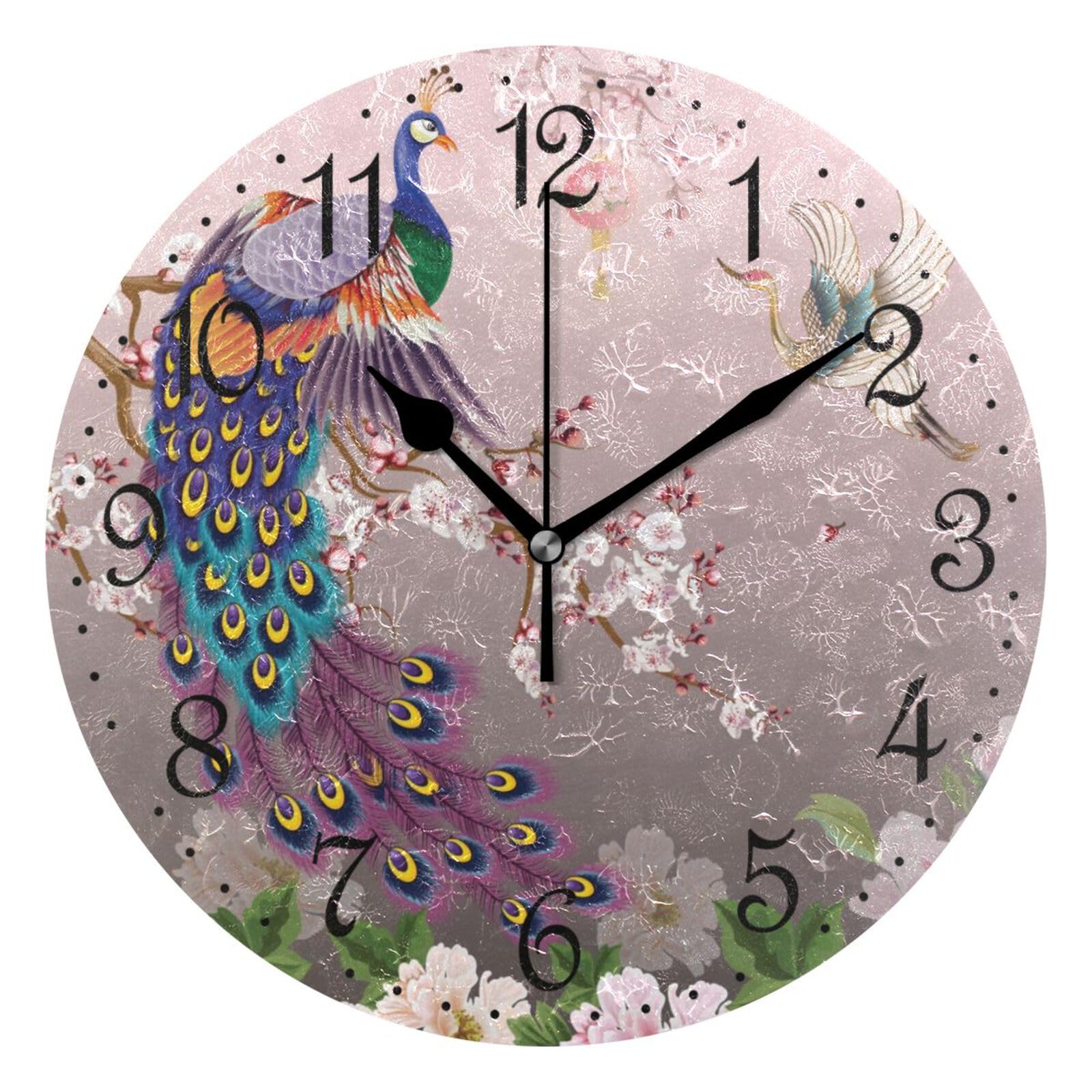 Mnsruu Wall Clock Peacock Plum Blossom Cranes, Silent Non-Ticking Decorative Wall Clocks Battery Operated 25x25cm