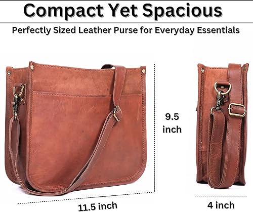 Miniatura 5 de Bolso cruzado de cuero genuino para mujer, bolso de cuero rústico marrón y marrón, tamaño mediano con bolsillo con cremallera, bonito bolso de uso