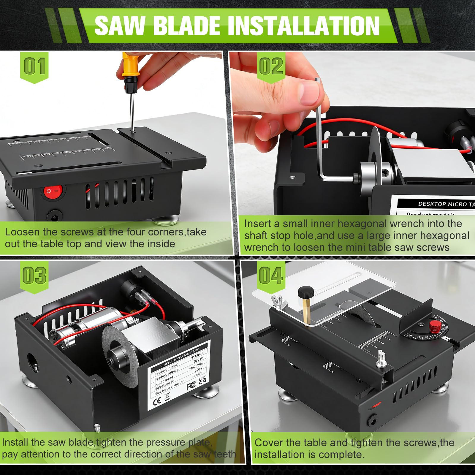 Kleine Tischkreissäge mit 4 Sägeblättern, 100W Präzisions Table Saw Sägeblatt Sägeblattwinkel einstellbar 0-90°, Multifunktionale Tischsäge für DIY Holzbearbeitungsprojekte, 7 Geschwindigkeitsstufen