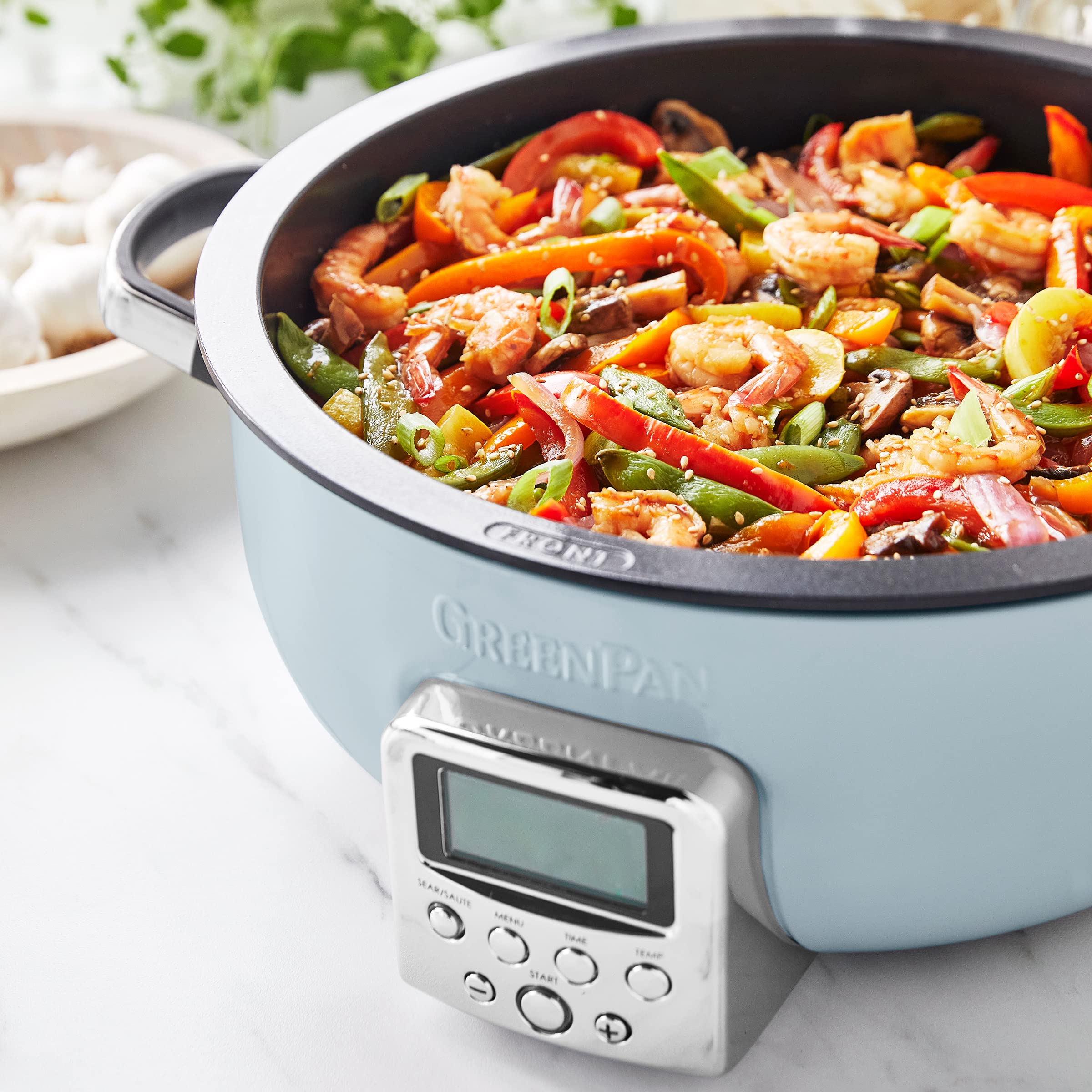 GreenPan Elite Multicooker Eléctrica 5.6L, Preajustes Saltear, Recubrimiento Cerámico Antiadherente Sin PFAS, Pantalla LED, Azul Haze