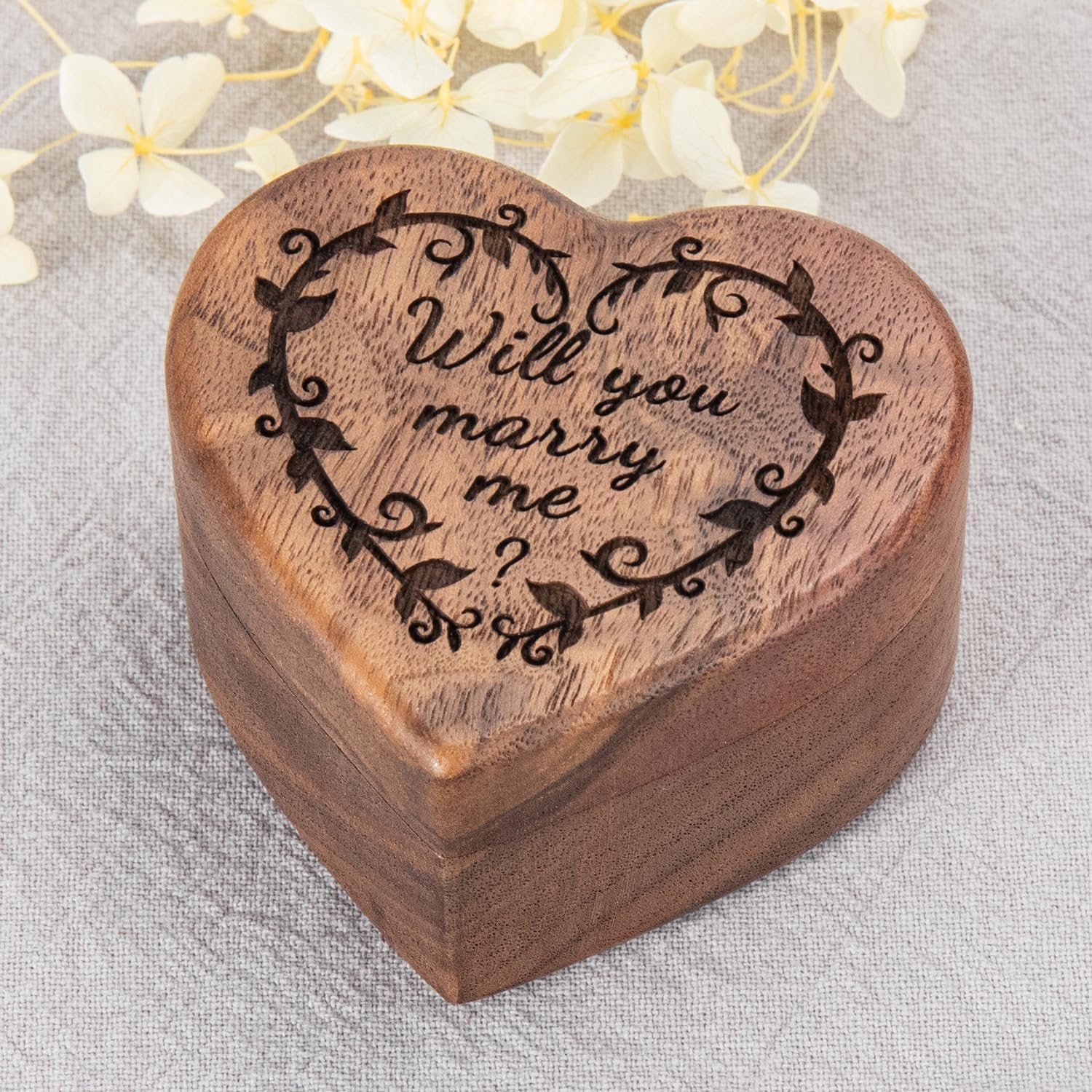 Engagement Proposal Ring Box Secret Slim Hidden Wooden Heart Shaped Engraved Case Ring Bearer Box Holder (Will you marry me) - Image 2