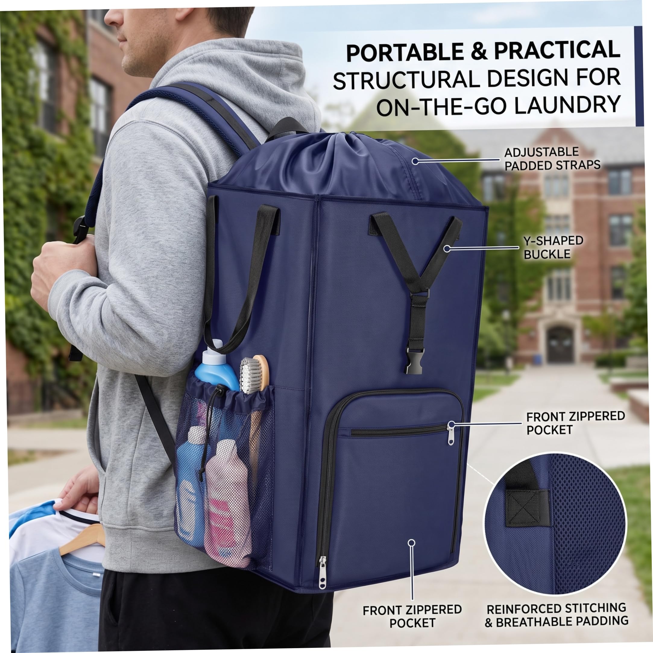 Wäschesack-Rucksack – faltbarer College-Wäschesack, 2-in-1, erweiterbarer, tragbarer Stauraum mit mehreren Taschen für Wohnheim, Reisen, Blau