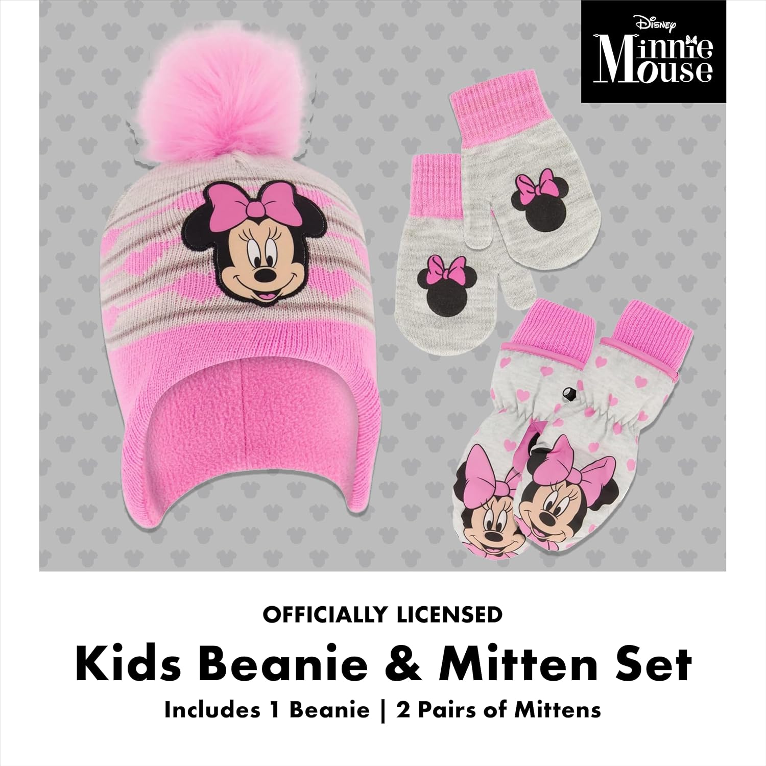 Disney Girls Toddler Winter Hat with Knit and Insulated Ski Mitten Set, Minnie Mouse For Ages 2-4