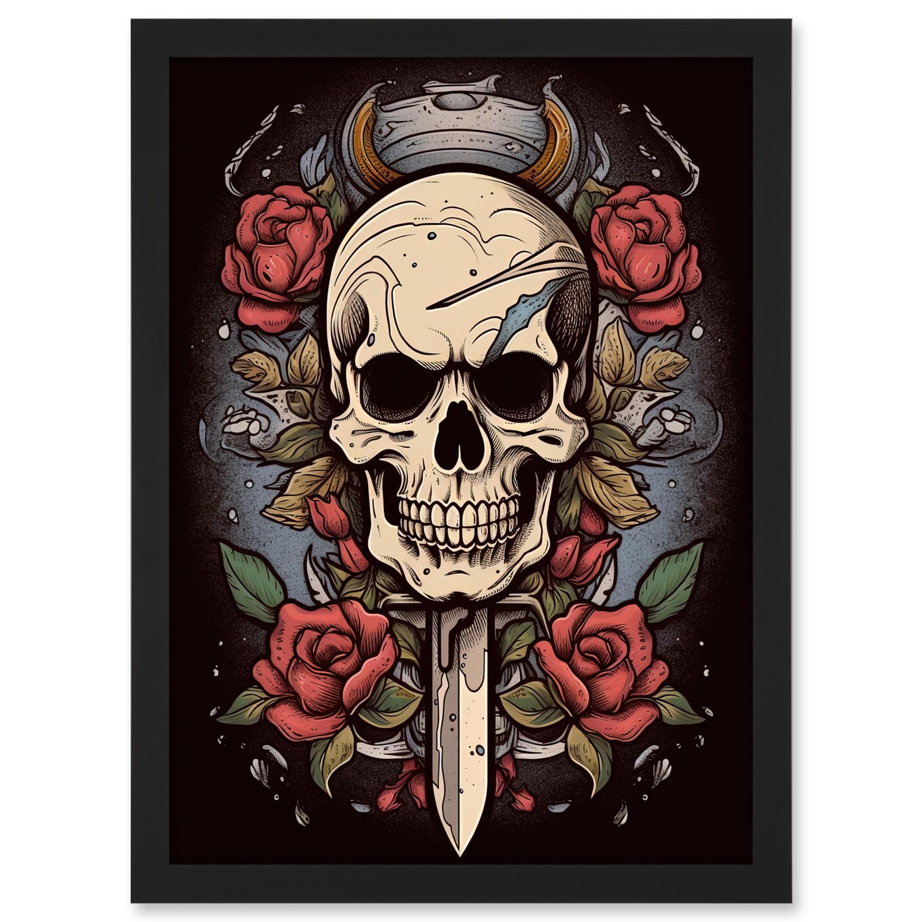 Artery8 Skull Dagger and Roses Tattoo Ink Body Art Rockabilly Americana 50s Artwork Framed A3 Wall Art Print