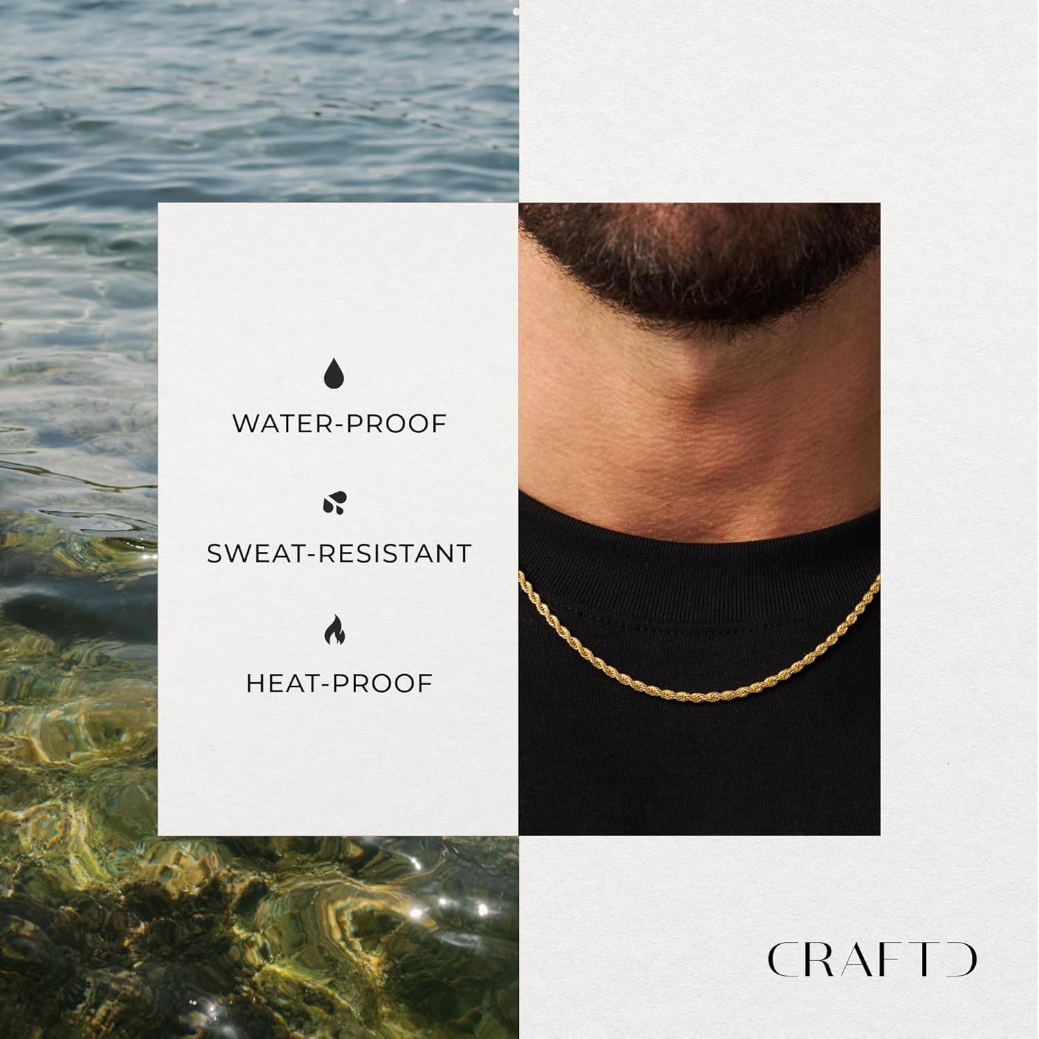 CRAFTD - Gold Rope Link Chain - Durable 18K Gold & 316L Stainless Steel - Waterproof, Heat & Sweat Resistant - Gifts for Men - Men's Jewelry - Image 3