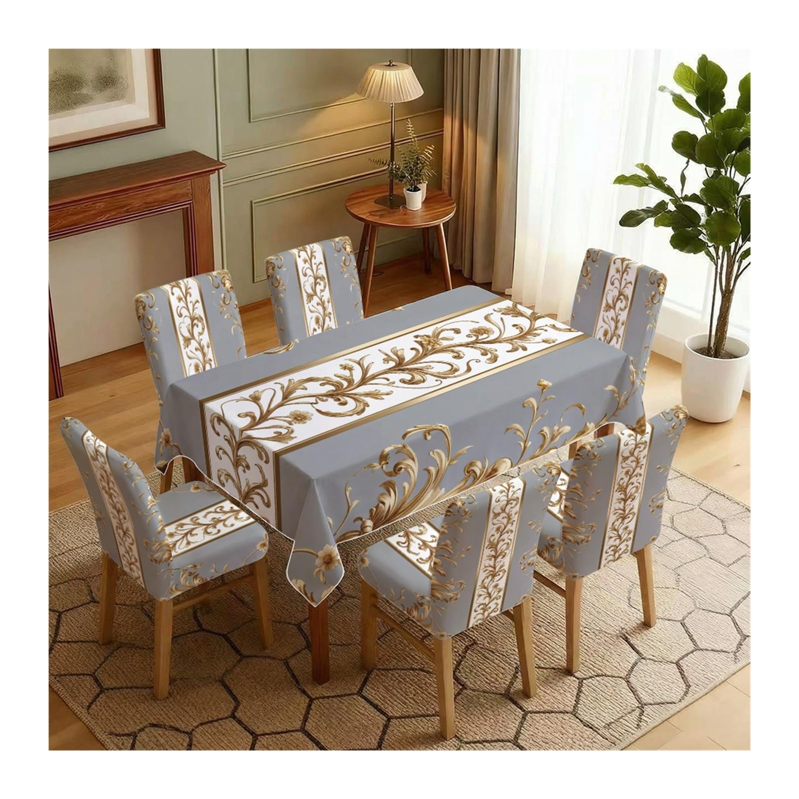 KXUAUV Gold Scroll Dining Set Covers 5/7 Piece Tablecloth With Matching Chair Slipcovers In Vertical Classic Pattern For Elegant Dining Rooms Party Decor(7pcs Set: Tablecloth+Chair Covers)