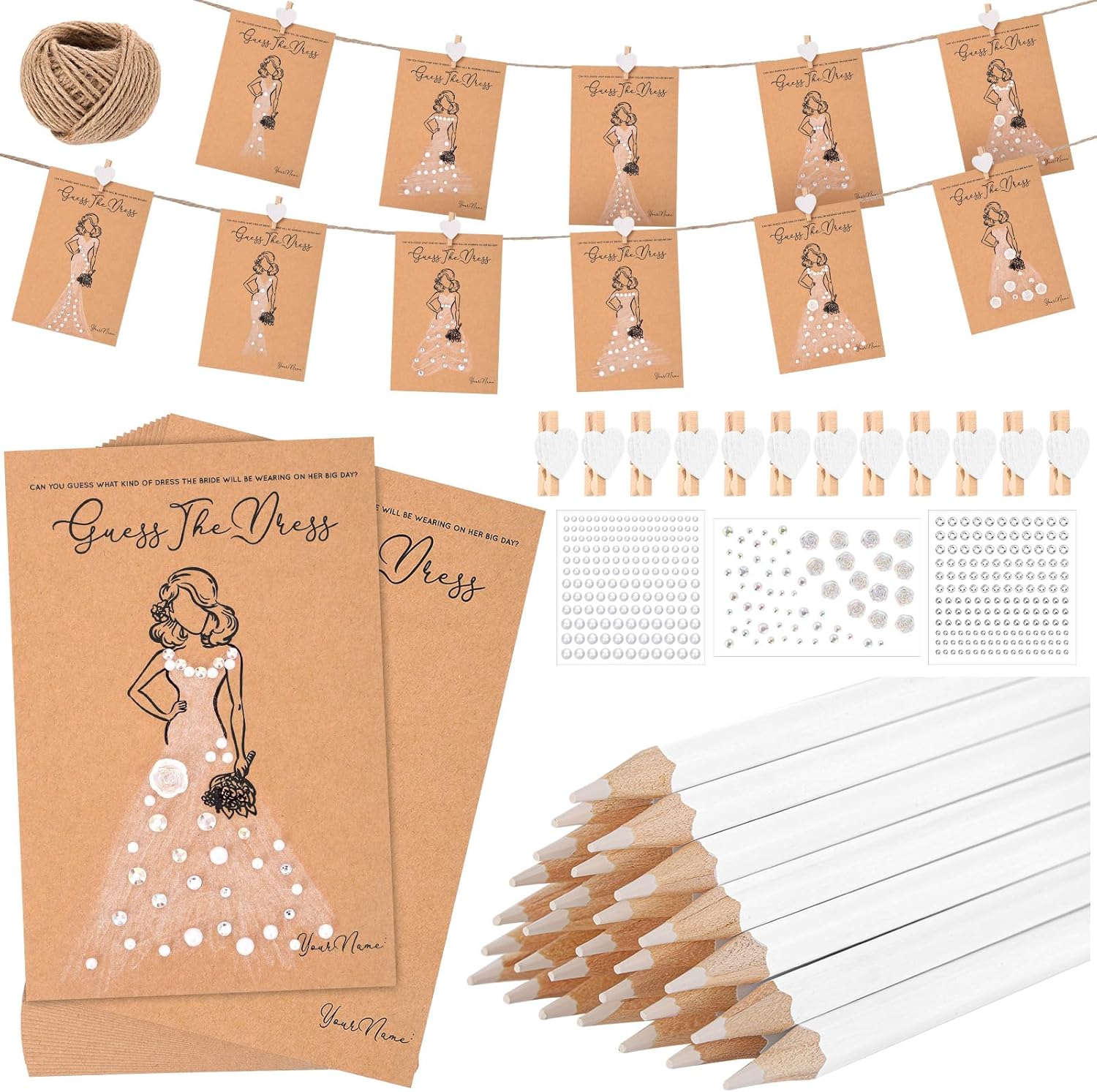 30 Sets Guess the Dress Bridal Shower Game Kit with Wedding Shower Games Cards Water Soluble Pencils Fun Wedding Decorations Party Supplies for Guests