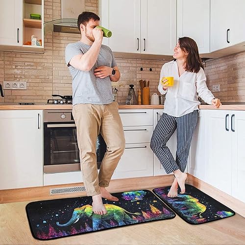 Miniatura 4 de Alfombra de cocina con estampado de elefante, color arcoíris, 2 piezas, de pelo bajo, absorbente de agua, tapetes para cocina, fregadero, sala de
