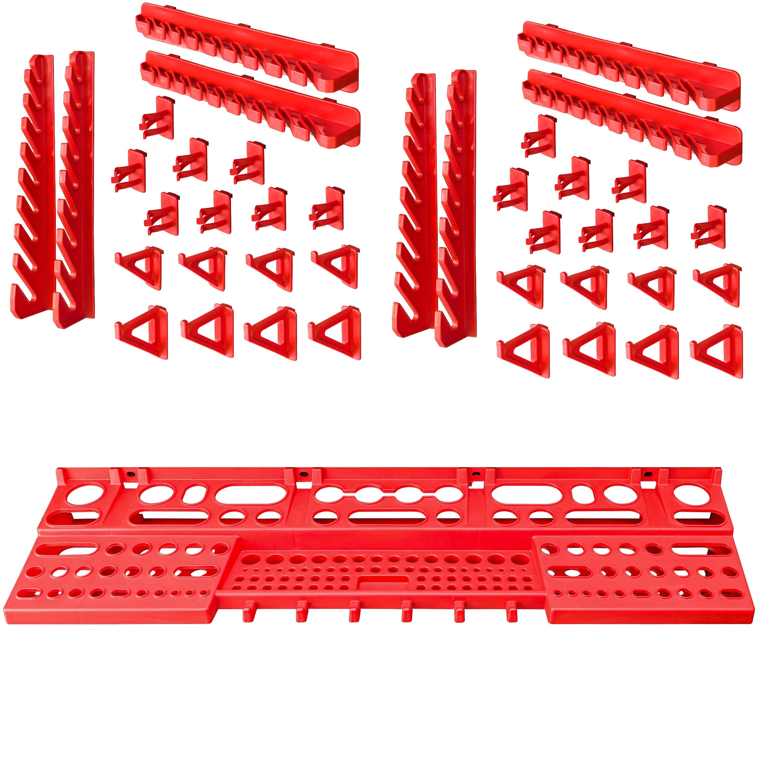 Scaffale da officina, 115 x 78 cm, 56 pezzi, con supporti per attrezzi e scatole impilabili, pannelli da parete, scaffali extra resistenti, per merci, garage, scaffali da parete