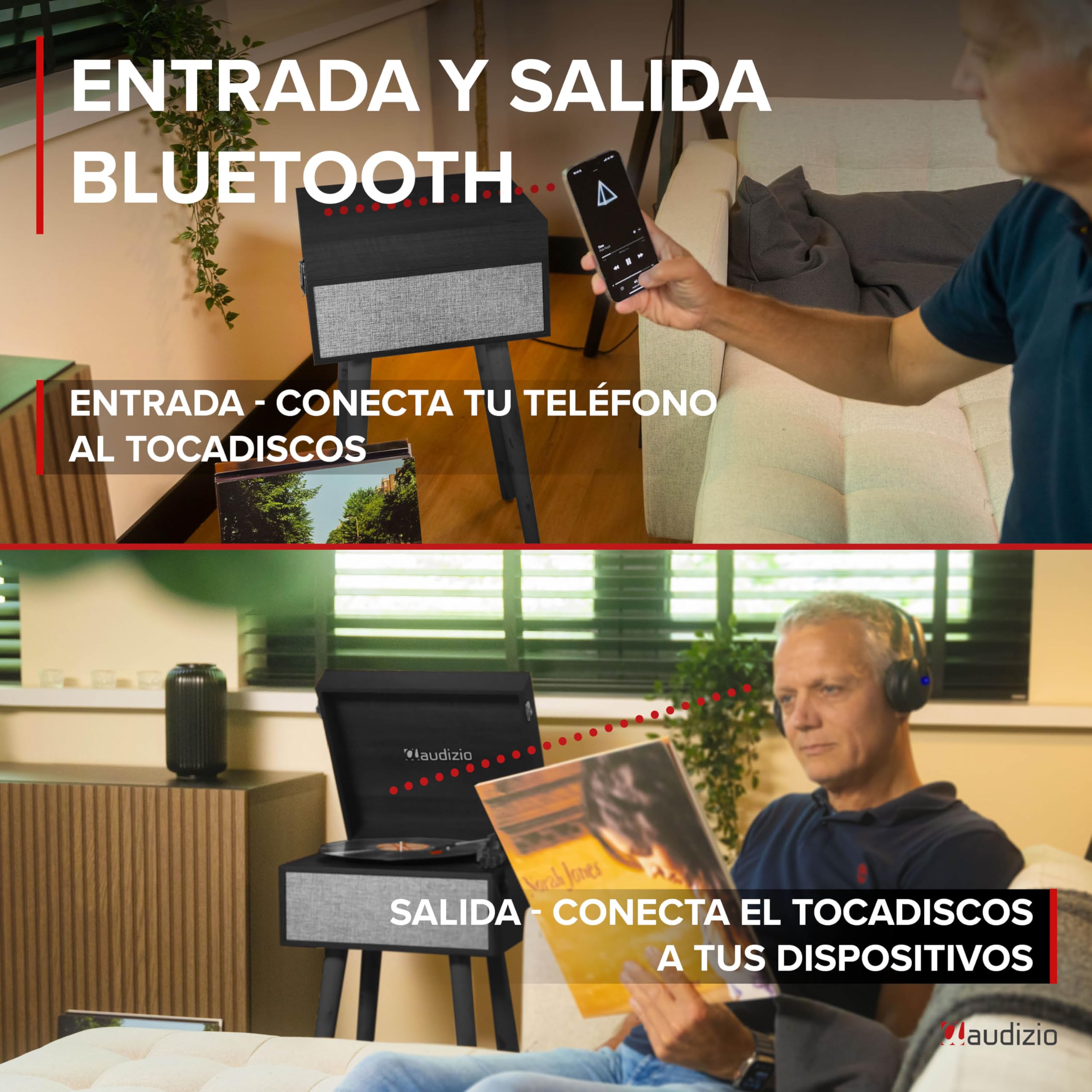 Audizio Fremont - Tocadiscos Retro con Patas de Madera, Bluetooth bidireccional, USB para digitalizar vinilos, Altavoces estéreo, RCA, 3 velocidades, Entrada AUX y Salida de Auriculares Color Negro
