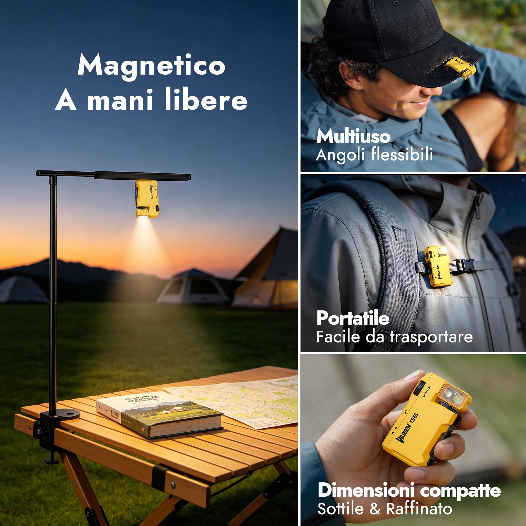 WUBEN G5 Torcia LED Ricaricabile USB 400 Lumen Luce RGB Base Magnetica Impermeabile 6 Modalità Campeggio Escursionismo Emergenze EDC Giallo