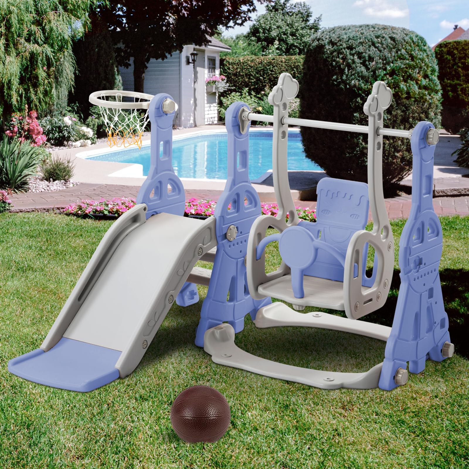 Toboga per Bambini 4 in 1, Altalena, Set di Toboga per Bambini con Scale, Altalena, Toboga e Supporto per Pallacanestro, Blu