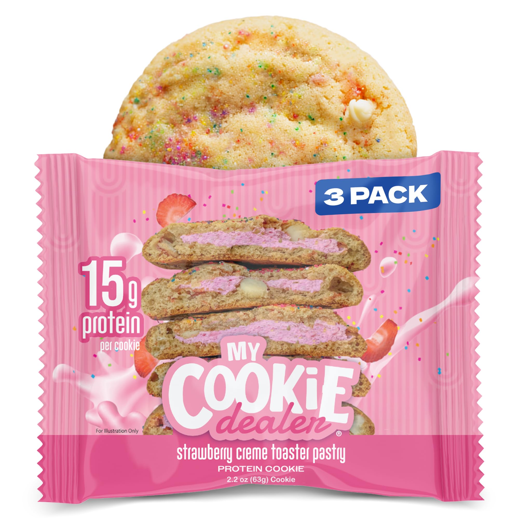 My Cookie Dealer Protein Cookies, Strawberry Creme (2.2oz, Pack of 3) - 15g Protein per Cookie - Individually Wrapped Workout Snacks for On-The-Go Travel