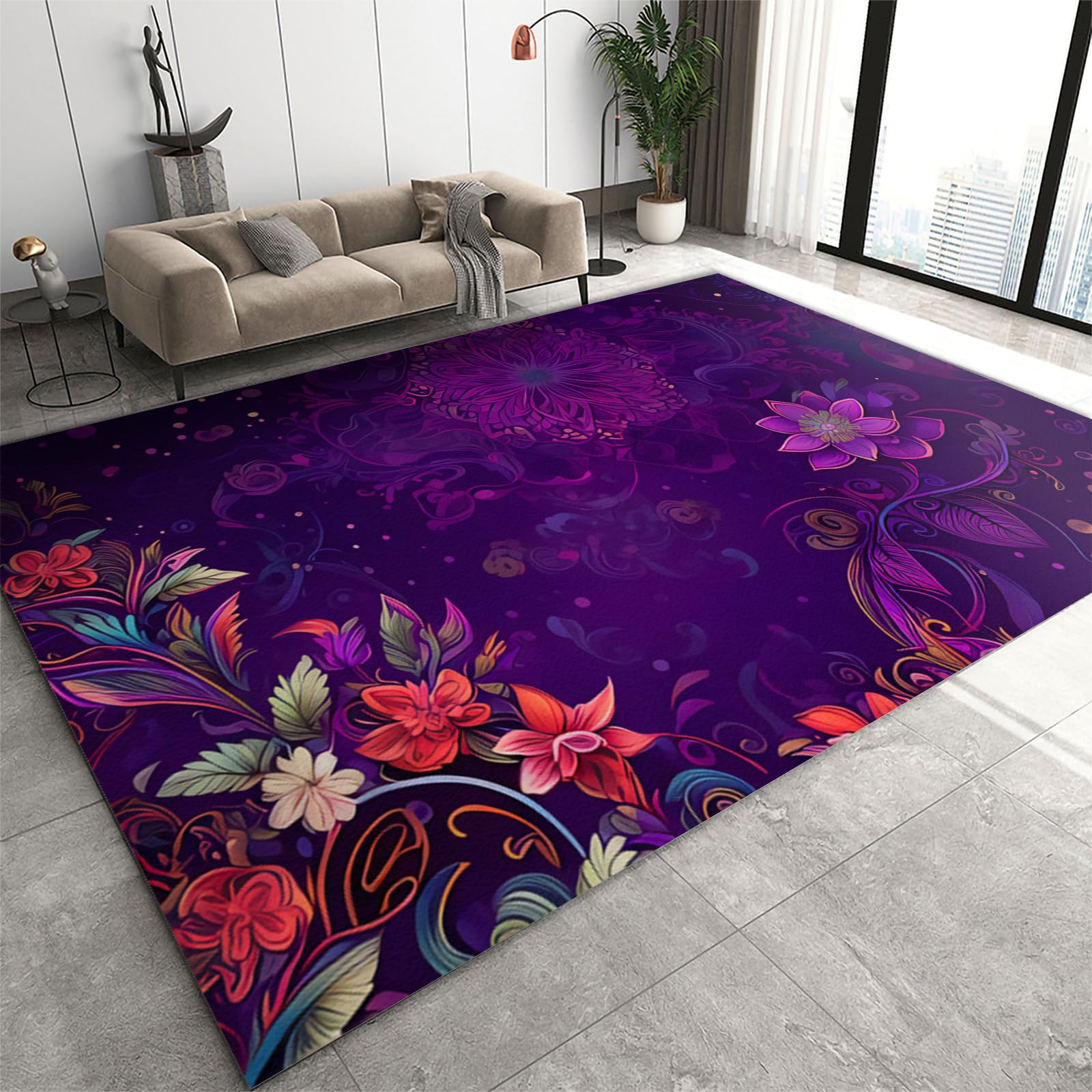 Beautiful Colorful Floral Area Rug, Ethnic Style Non-slip Rugs, Decorative Floor Mat Machine Washable Easy Care for Living Room Dining Room Bedroom Bedside Kitchen Backyard Deck Patio-70 x 140 cm