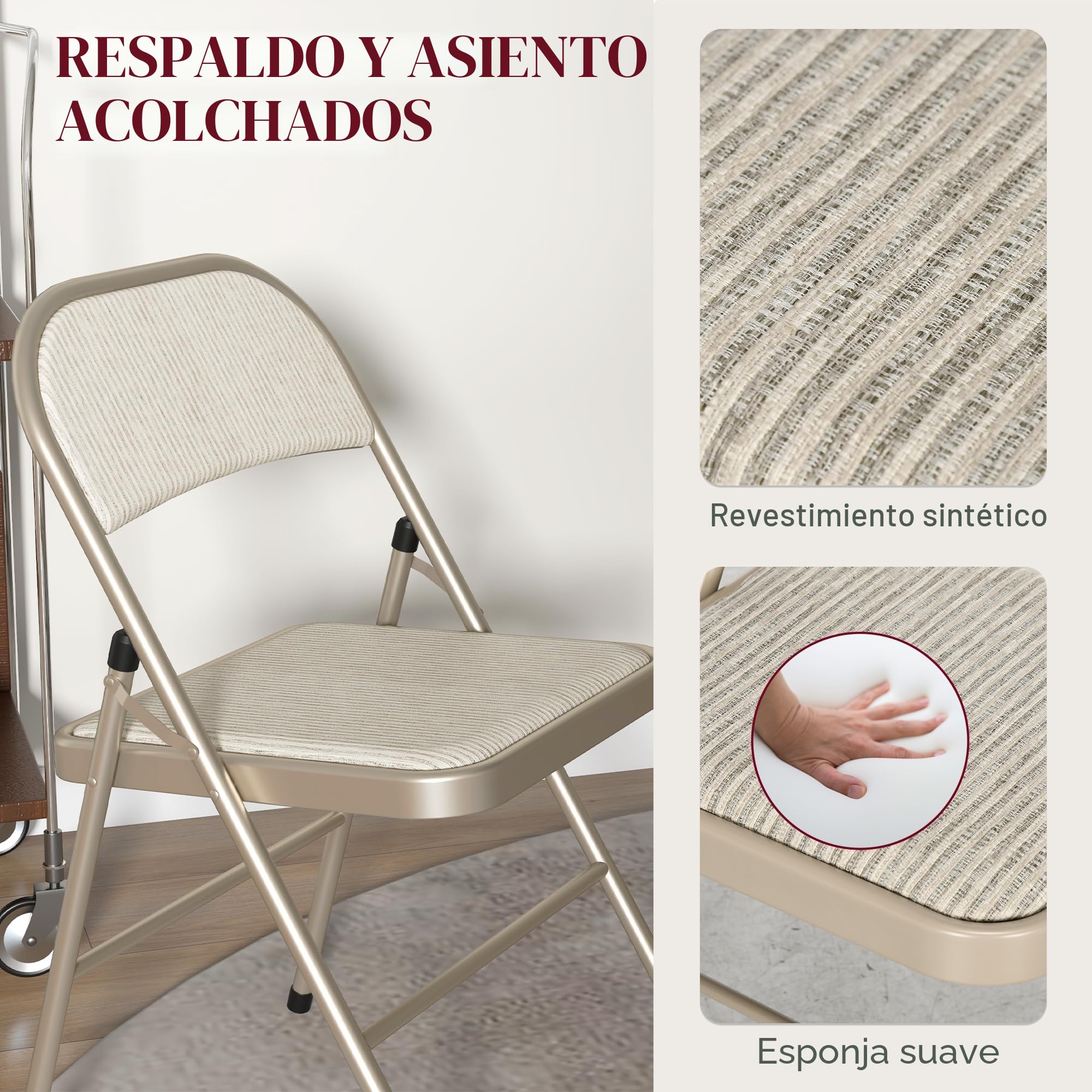 HOMCOM Juego de 6 sillas Plegables sillas de Comedor portátiles Silla Plegable de Interior con cojín de Lino y Estructura de Acero Dim. 45W x 46D x 78H cm Beige