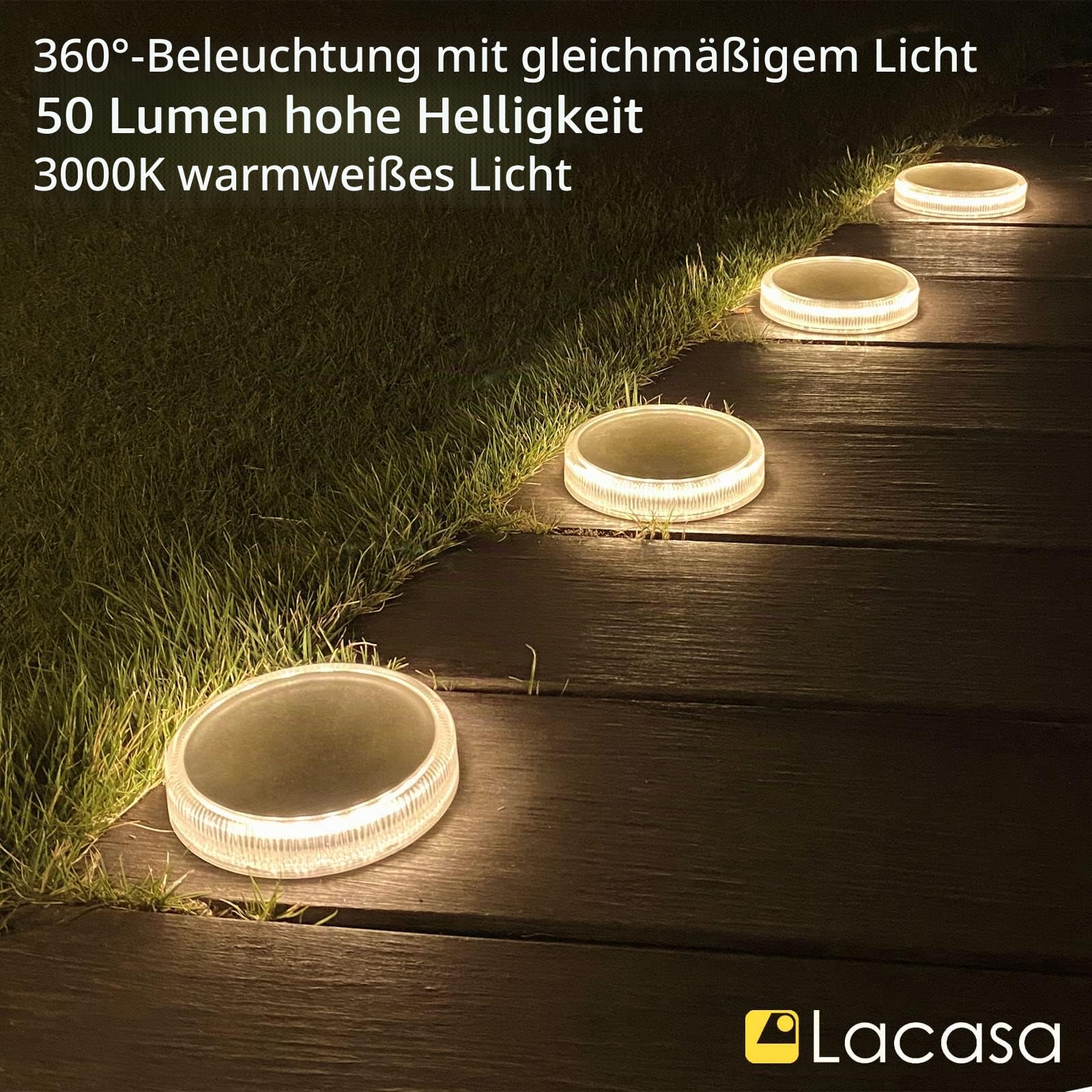 Lacasa Solarleuchten für Außen, 4 Stück Garten Solarlampen Bodenleuchte | 50LM Extrem Hell, LED Wegeleuchten, Warmweiß, IP68 Wasserdicht, Auto ON/OFF, Gartenleuchten für Garten Terrasse Hof Gehwege