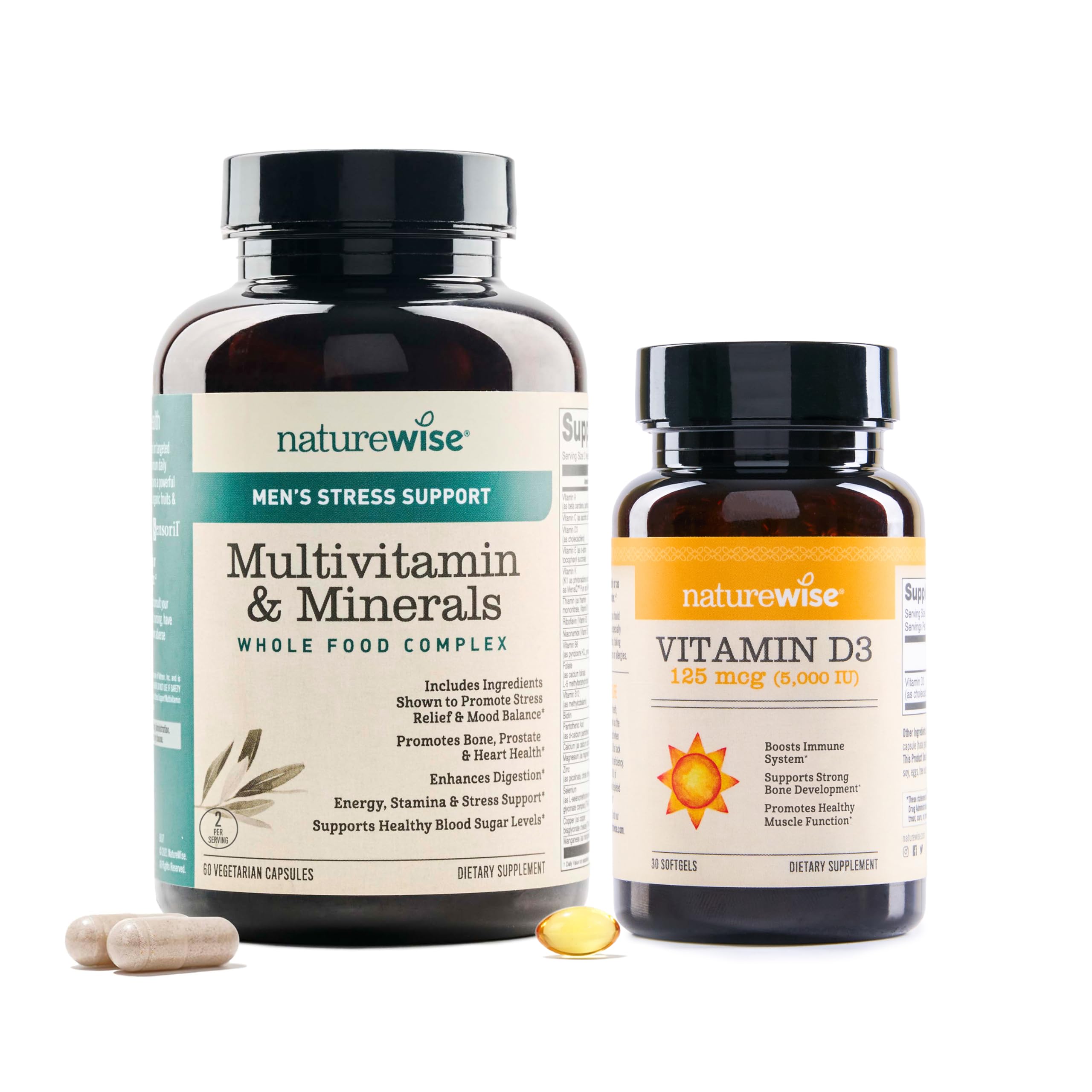 NatureWise [1 Multivitamin for Men + Stress Support - 60 Capsules[30-Day Supply] + [1] Vitamin D3 5000iu + Organic Olive Oil - 30 Mini Softgels[30-Day Supply]