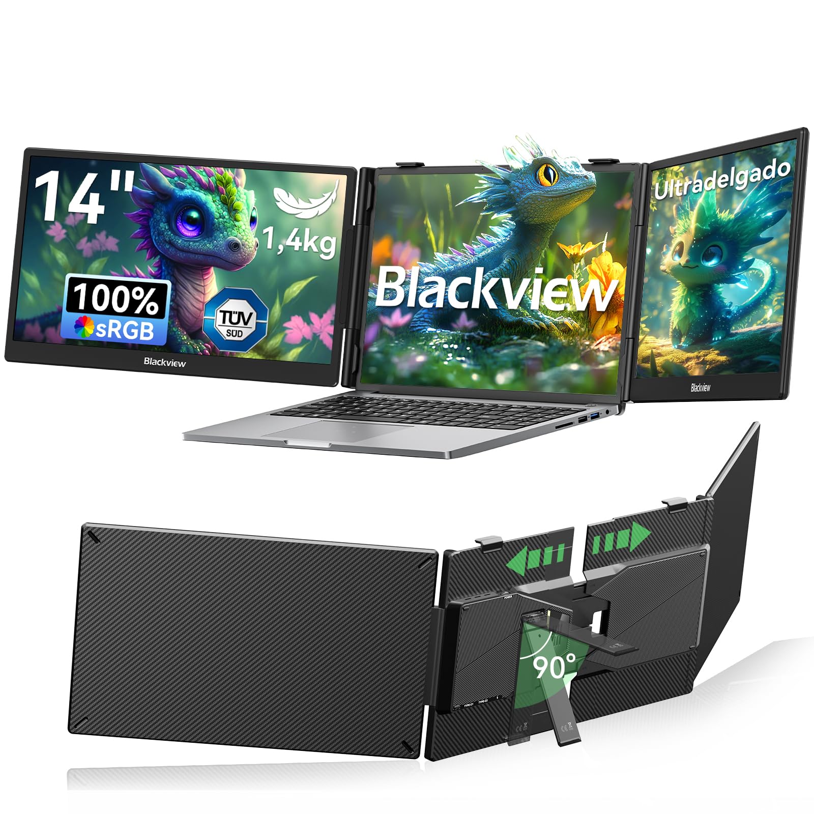 Blackview DCM5 Laptop Bildschirm Erweiterung 14", Niedriges Blaulicht 1080P FHD Laptop Monitor Erweiterung 13"-17,3", HDMI/USB-A/USB C Portable Monitor für Laptop/Smartphone/PC/Mac/PS5/Xbox