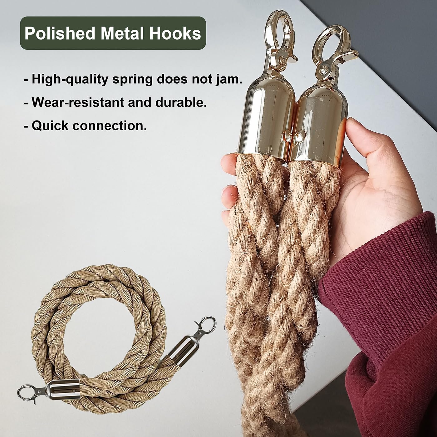 Queue Barrier Ropes with Silver Hook, Braided Hemp Rope Barrier for Queue Divider, Rope Safety Barrier1/2/3M Crowd Control Stanchion Rope 2-10Ft, Twisted Hemp Ropes 1.3inch (Size : 2.1m/7ft)