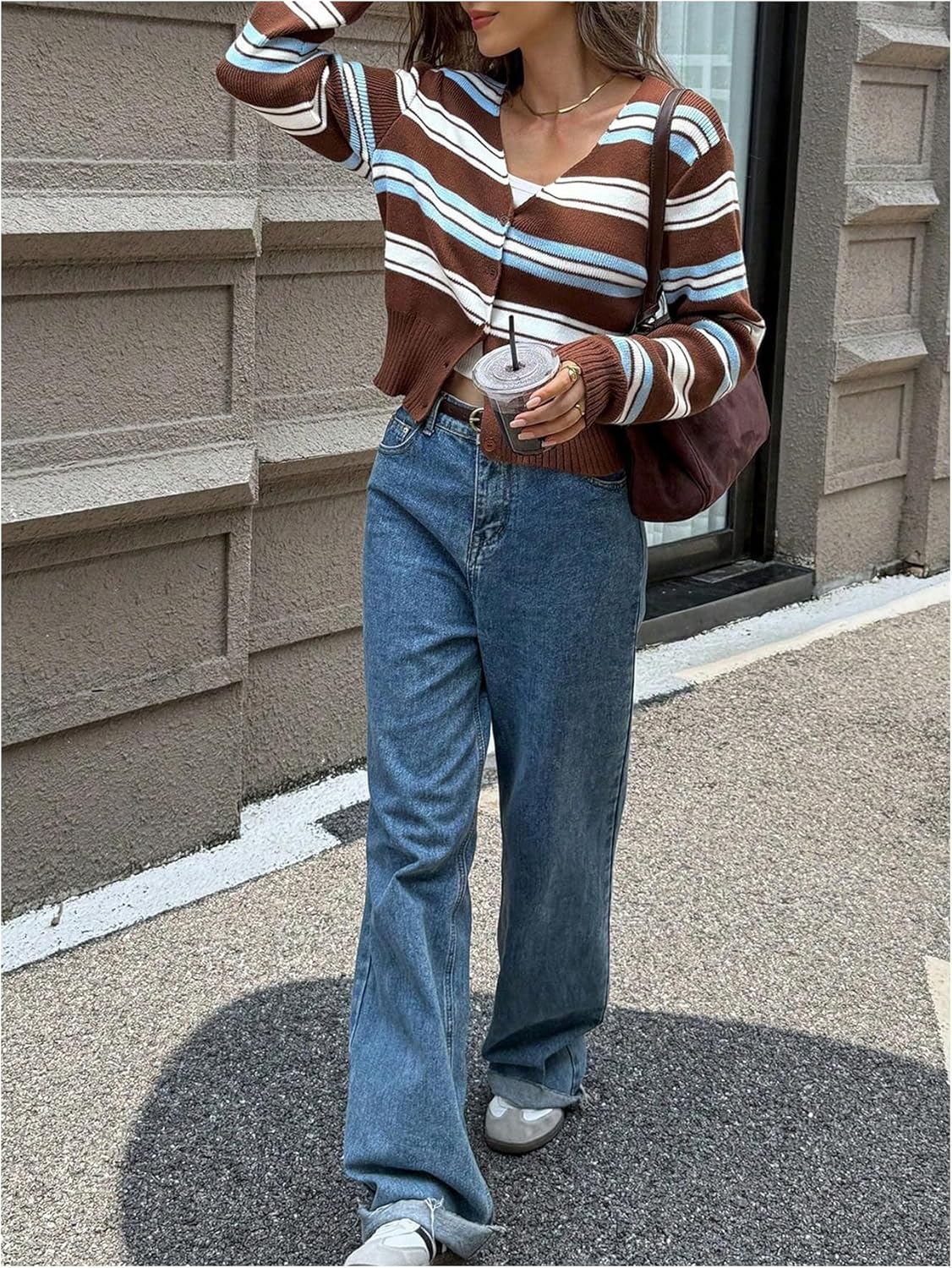 Milumia Women's Striped Knit Button Up Sweater Cardigan V Neck Long Sleeve Ribbed Y2k Crop Tops - Image 5