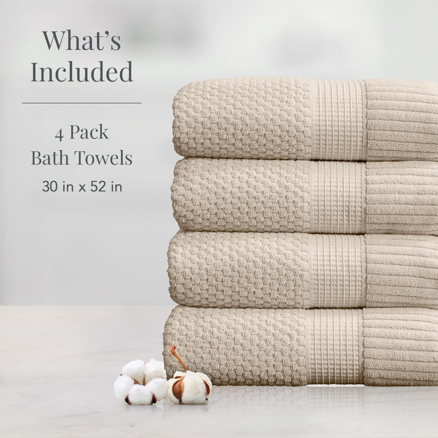 NY Loft 100% Cotton Bath Towel 4 Pack | Super Soft & Absorbent Quick-Dry Bath Towels 30" x 52" | Textured and Durable Cotton | Premium Thick Towels | Trinity Collection (4 Pack Bath Towel, Sand) - Image 2