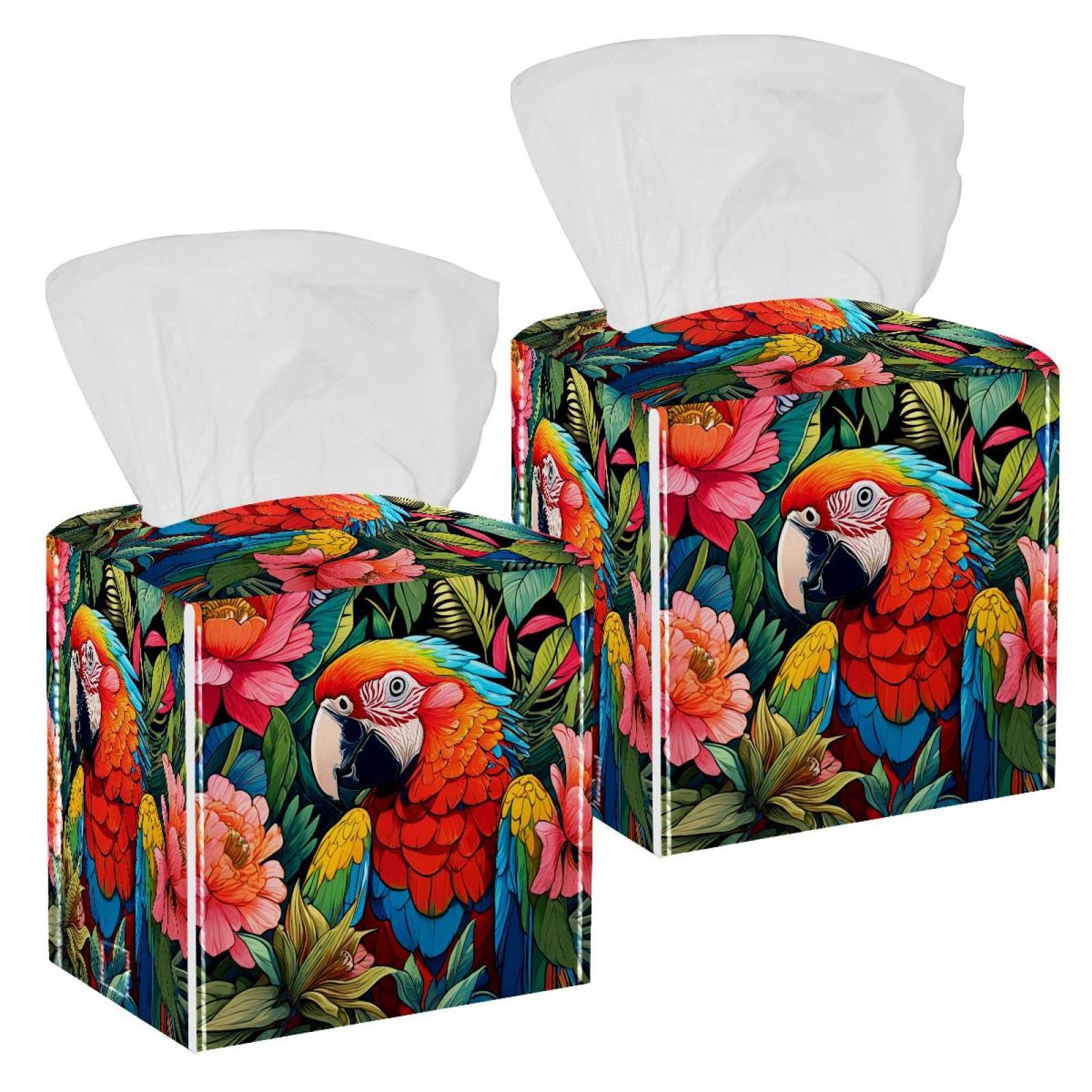 Color Drawing Parrot Tissue Box Cover, 2 Pack PU Leather Square Facial Tissue Dispenser Box holder for Home Office Car